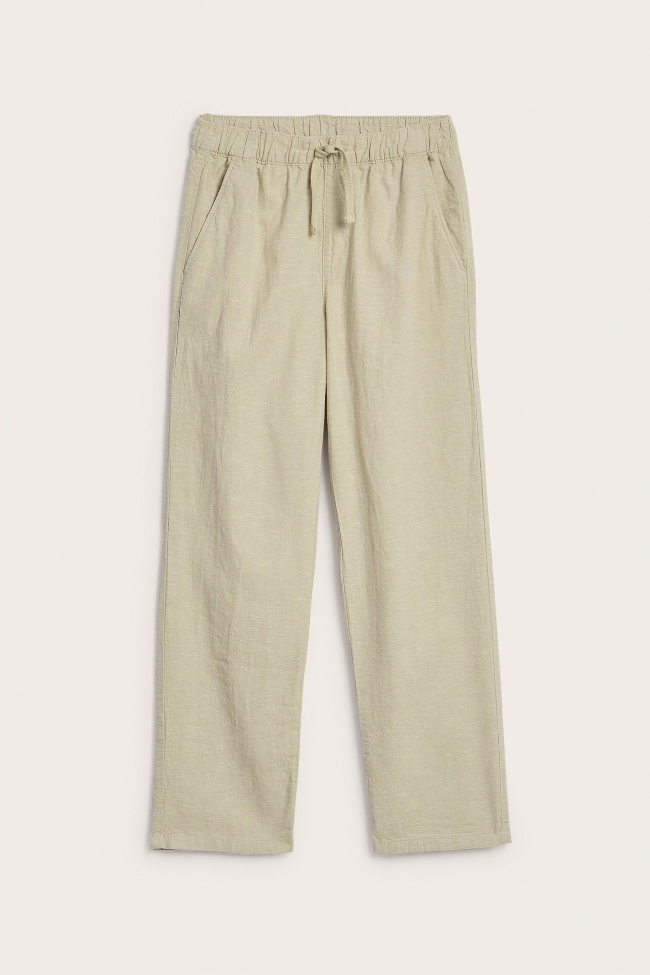 Frontbilde av beige linblandingbukser med elastisk snøring i midjen og sidelommer, i en avslappet passform.