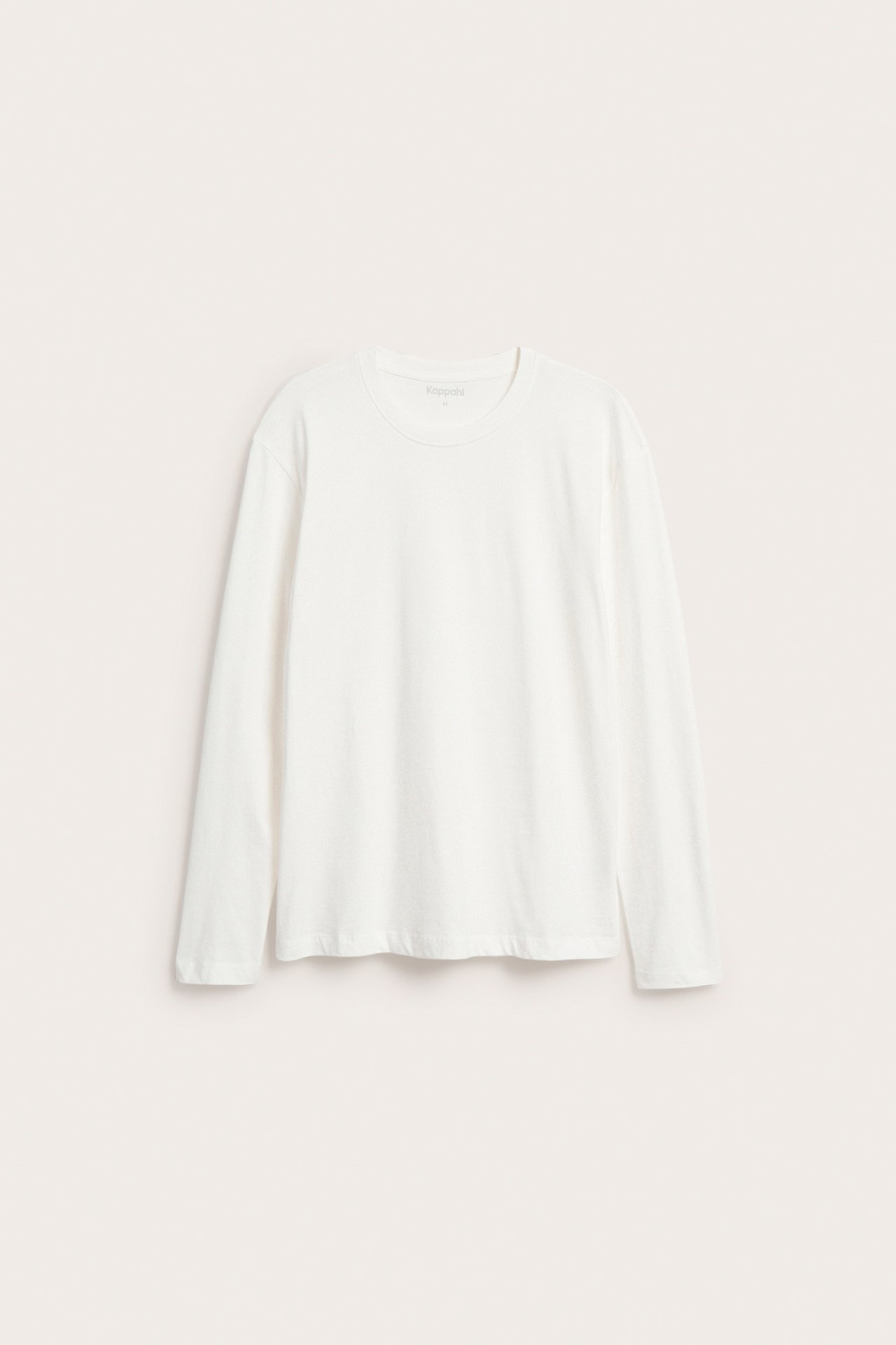 Edestä päin, luonnonvalkoinen, yksivärinen, pitkähihainen puuvillainen t-paita pyöreällä pääntiellä.