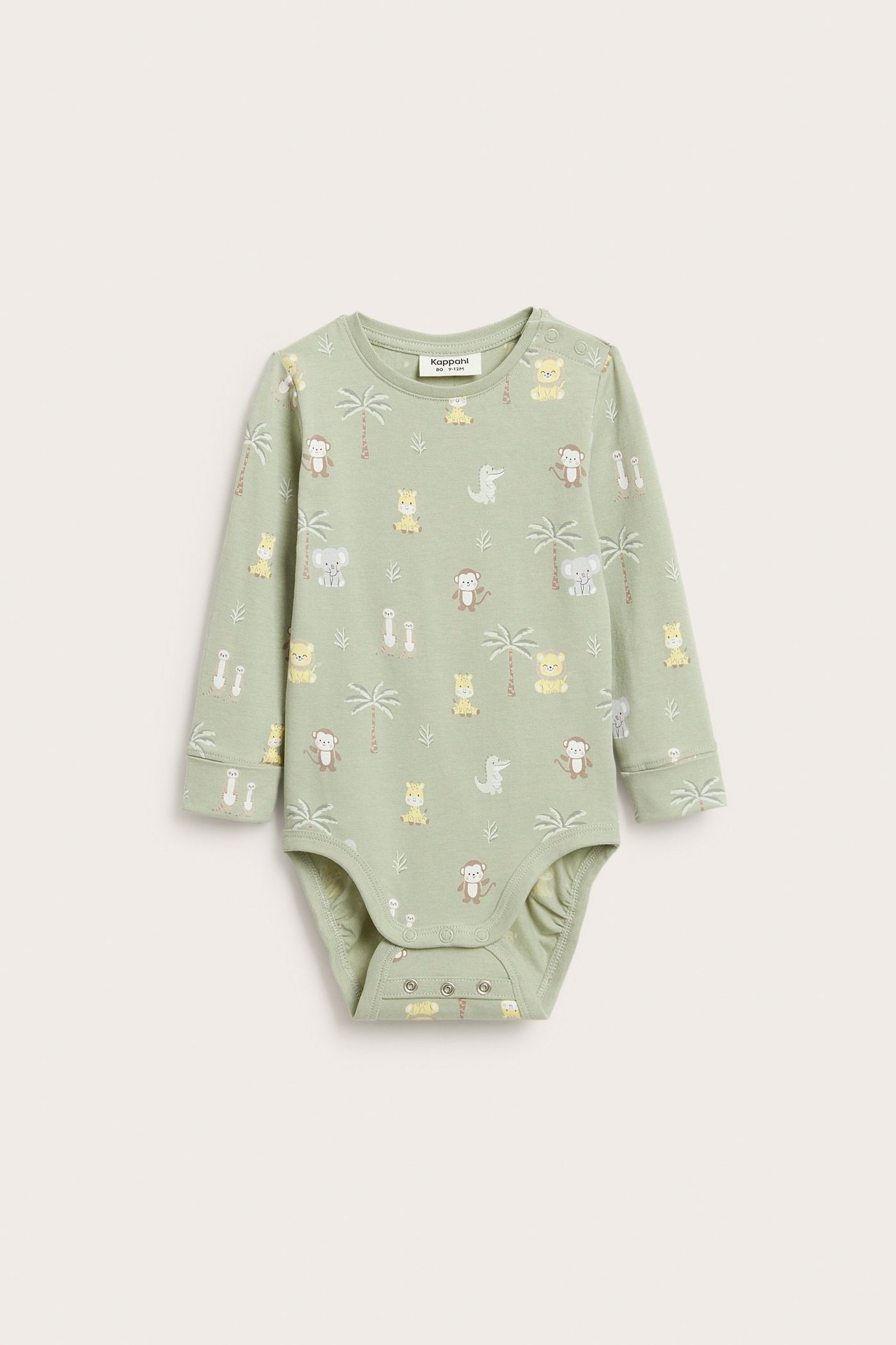 Edestä, vauvan vaaleanvihreä pitkähihainen body eläinkuviolla ja painonappikiinnityksellä.