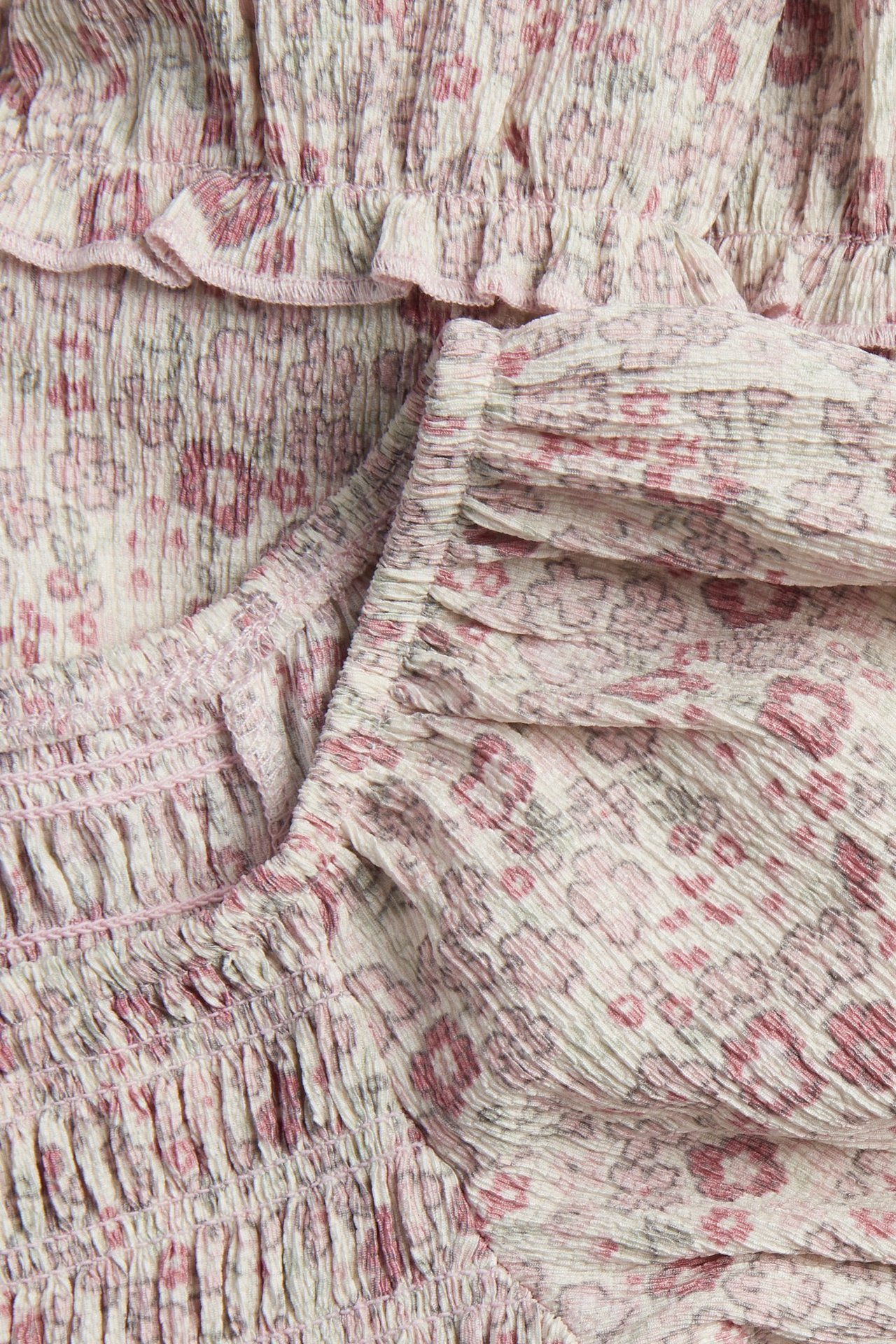 Lähikuva vaaleanpunaisesta kukkakuvioisesta kreppijersey-mekosta, jossa on smokkirypytys ja röyhelöitä.