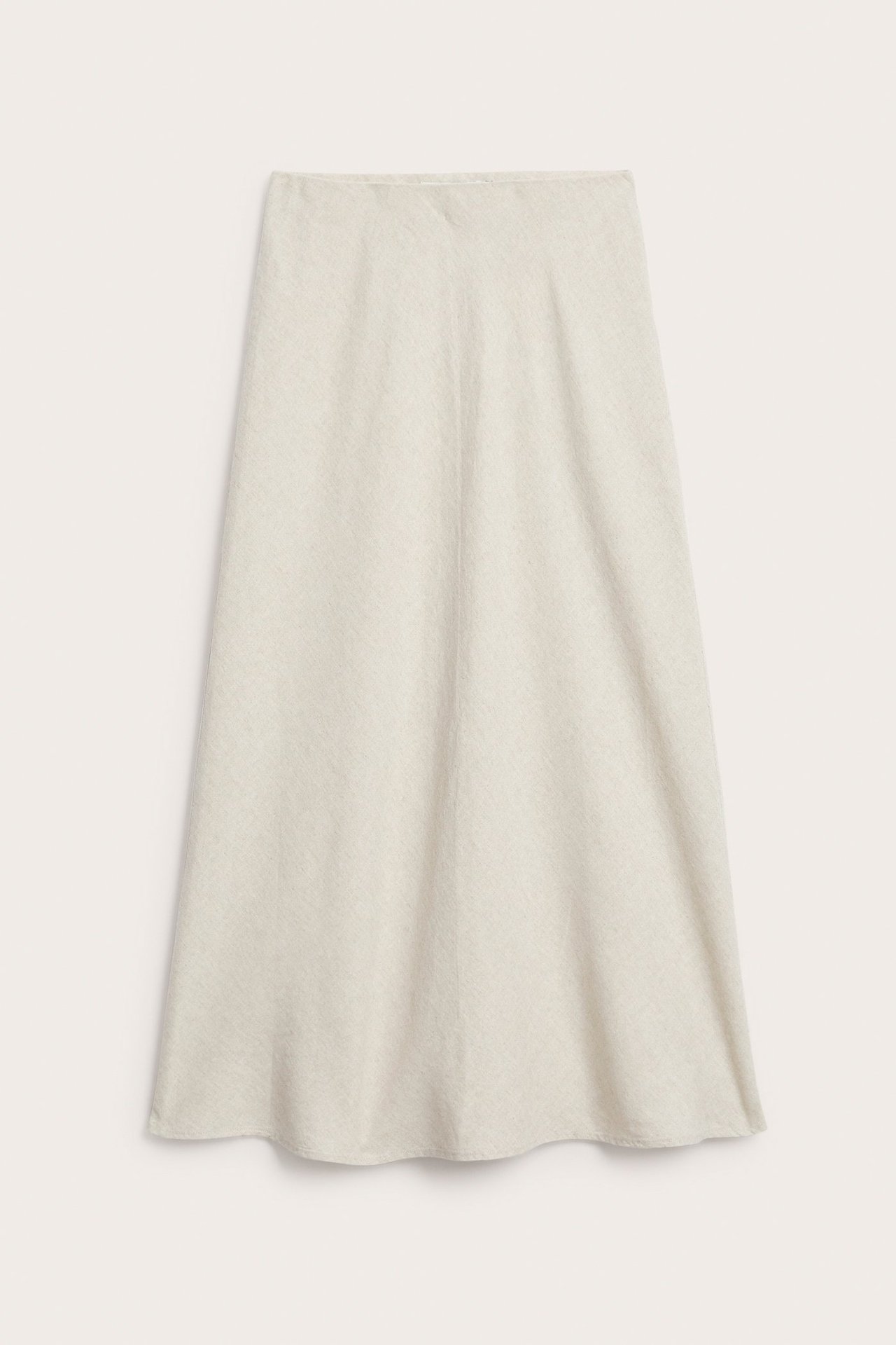 Widok z przodu jednolitej beżowej spódnicy midi w kształcie litery A z domieszką lnu.