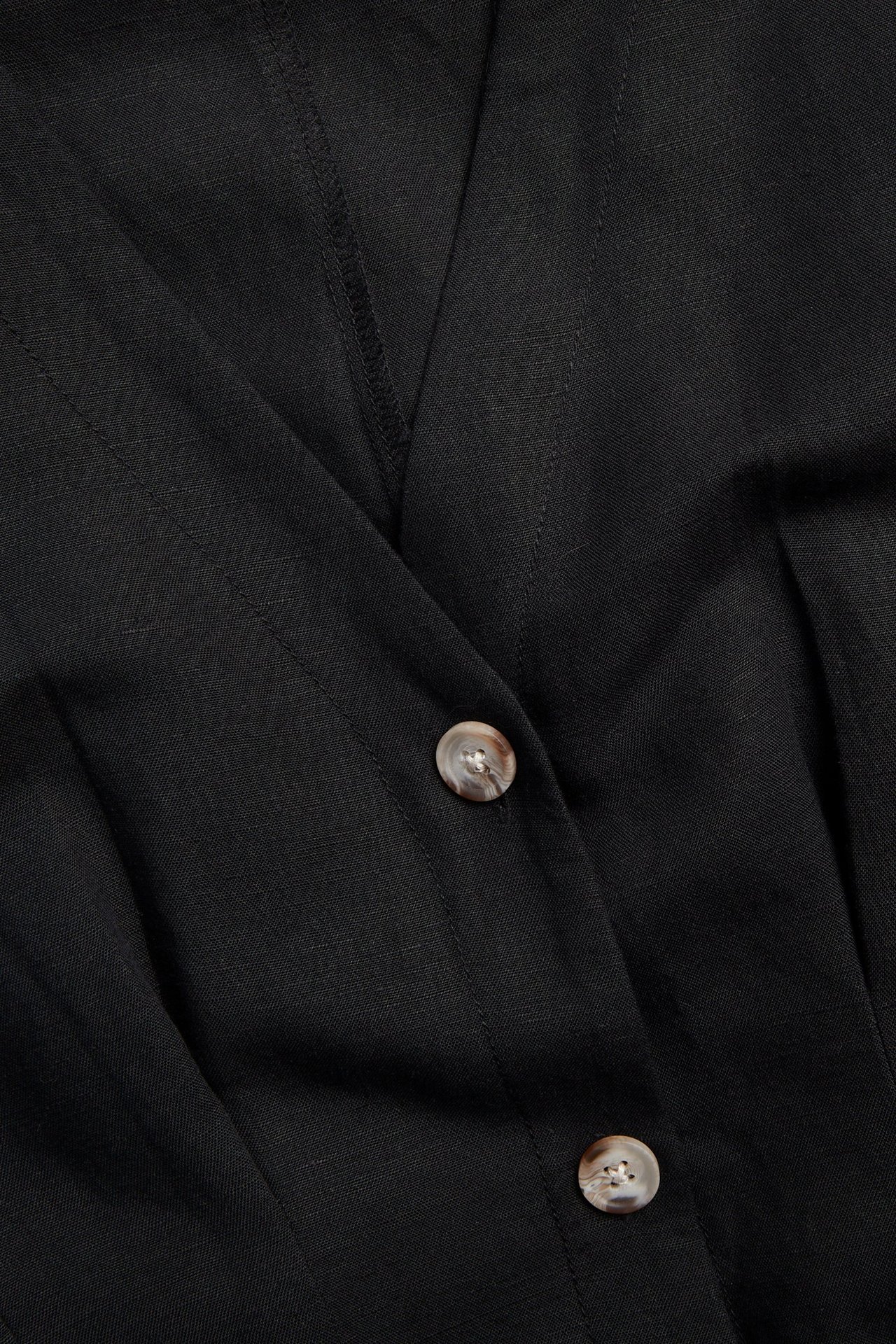 Lähikuva mustasta pellavasekoitemekosta, jossa on muotolaskoksia ja vaaleanruskeat kuviolliset etunapit.