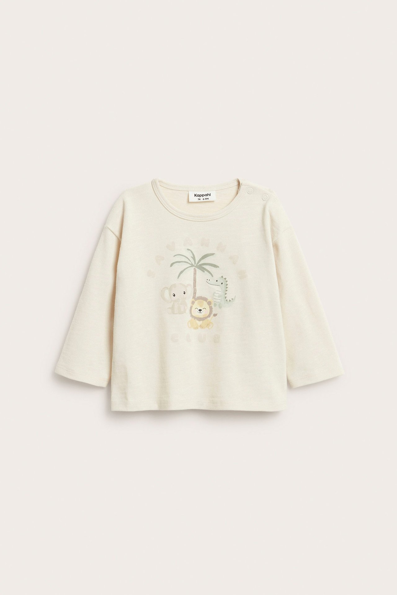 Widok z przodu: beżowy, długi rękaw t-shirt bawełniany dla niemowlaka z nadrukiem zwierzęcym i zatrzaskami.