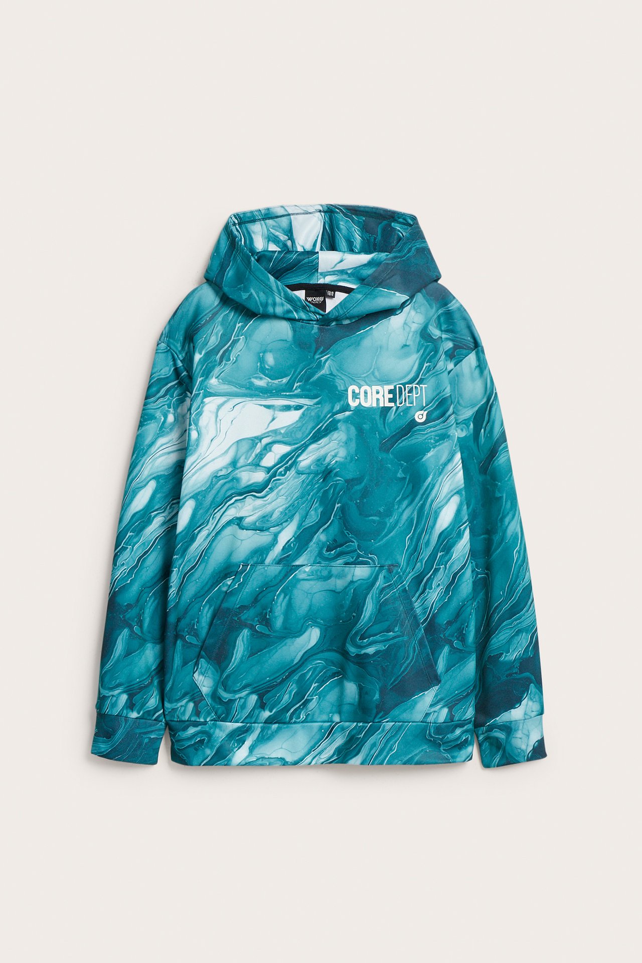 Frontvy av en grön mönstrad hoodie i polyester med kängruficka och vitt brösttryck.