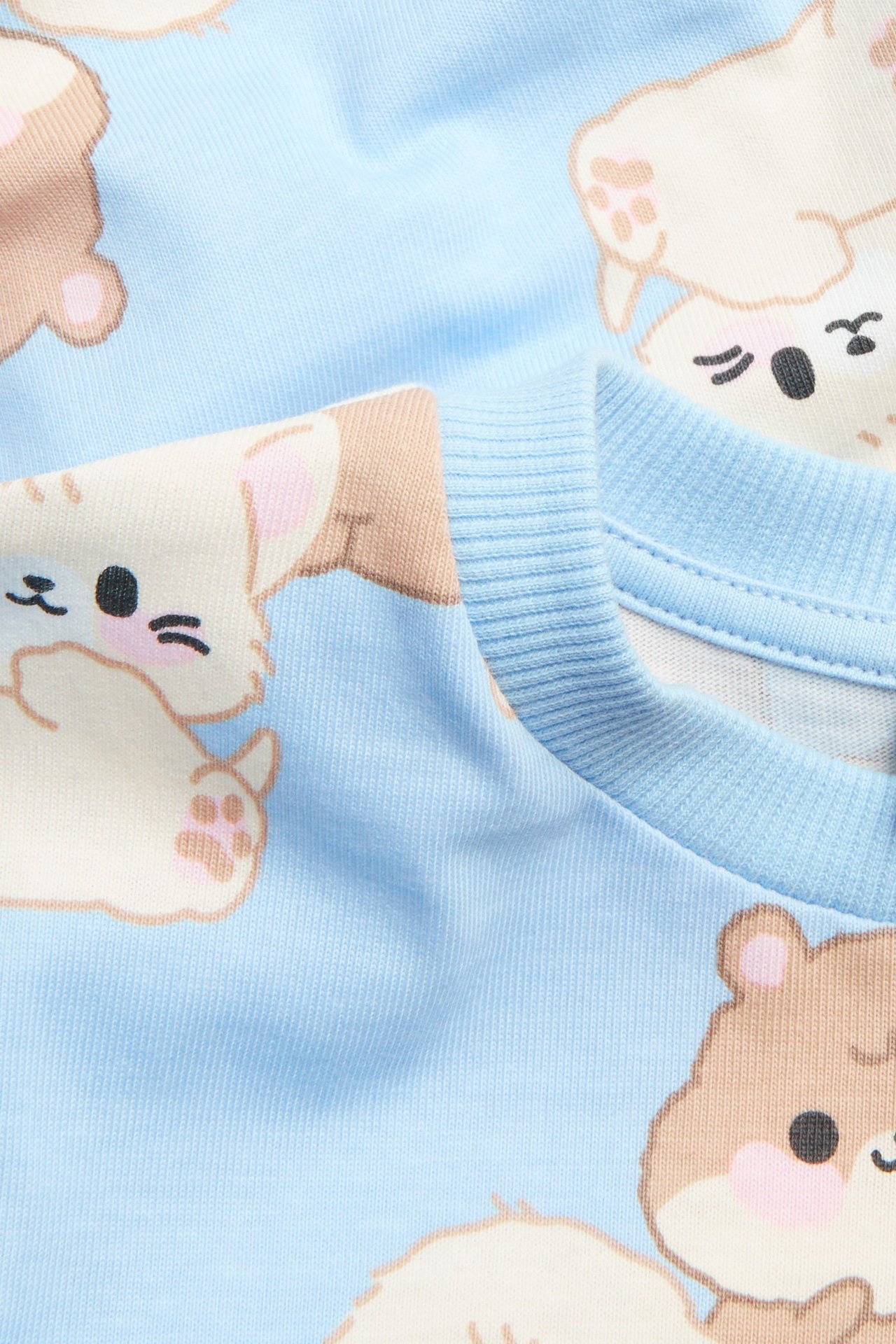 Zbliżenie na niebieską bawełnianą bluzę dziecięcą z nadrukiem zwierzęcym i prążkowanym dekoltem.