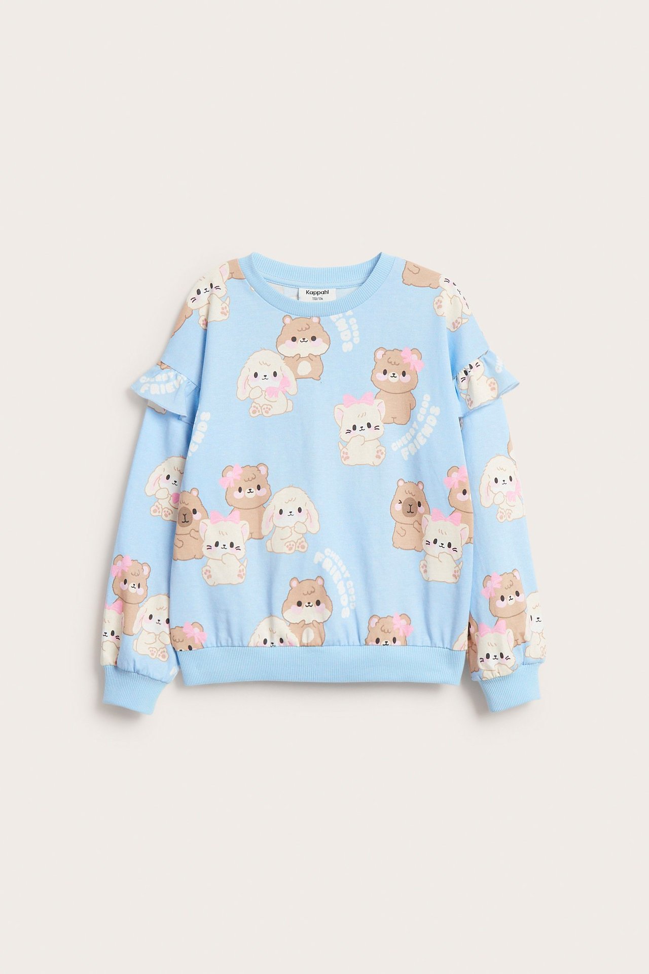 Edestä: Vaaleansininen lasten puuvillaf collegepaita eläinkuvioilla ja röyhelöt hihoissa.