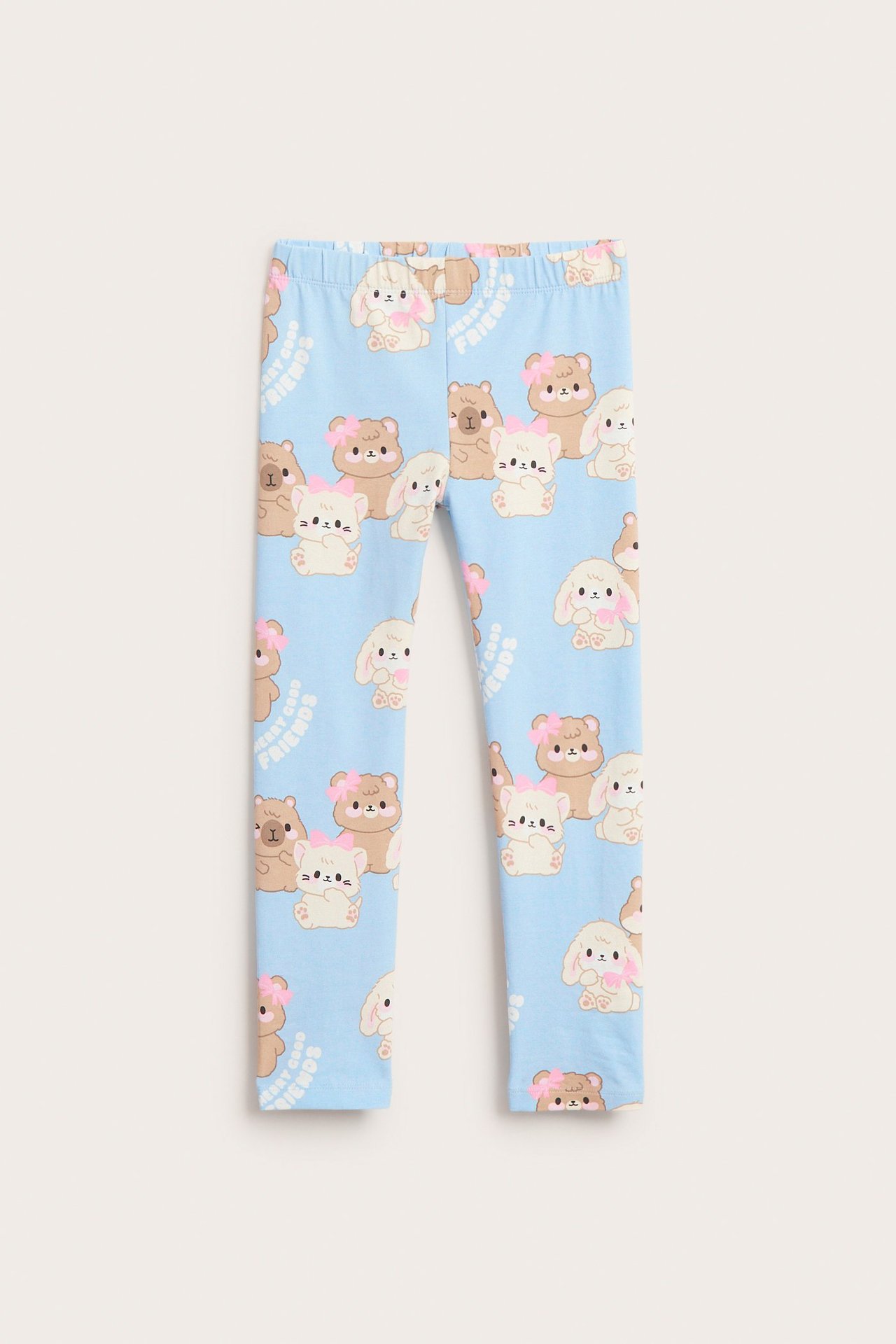 Vaaleansiniset lasten leggingsit pehmeästä puuvillajerseystä, jossa on kawaii-eläinkuvio.