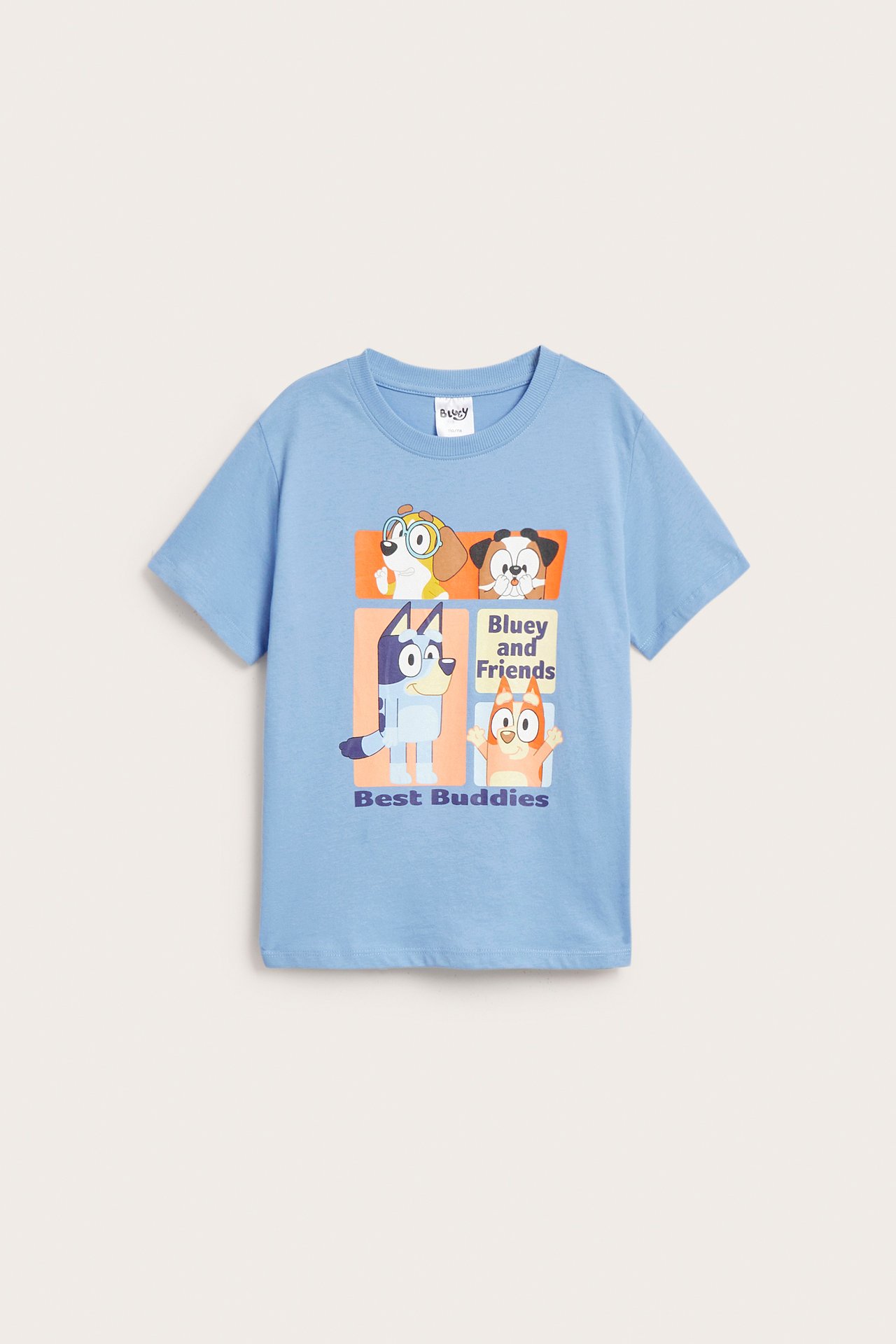 Przód dziecięcej jasnoniebieskiej bawełnianej koszulki z kolorowym nadrukiem Bluey i Przyjaciele.