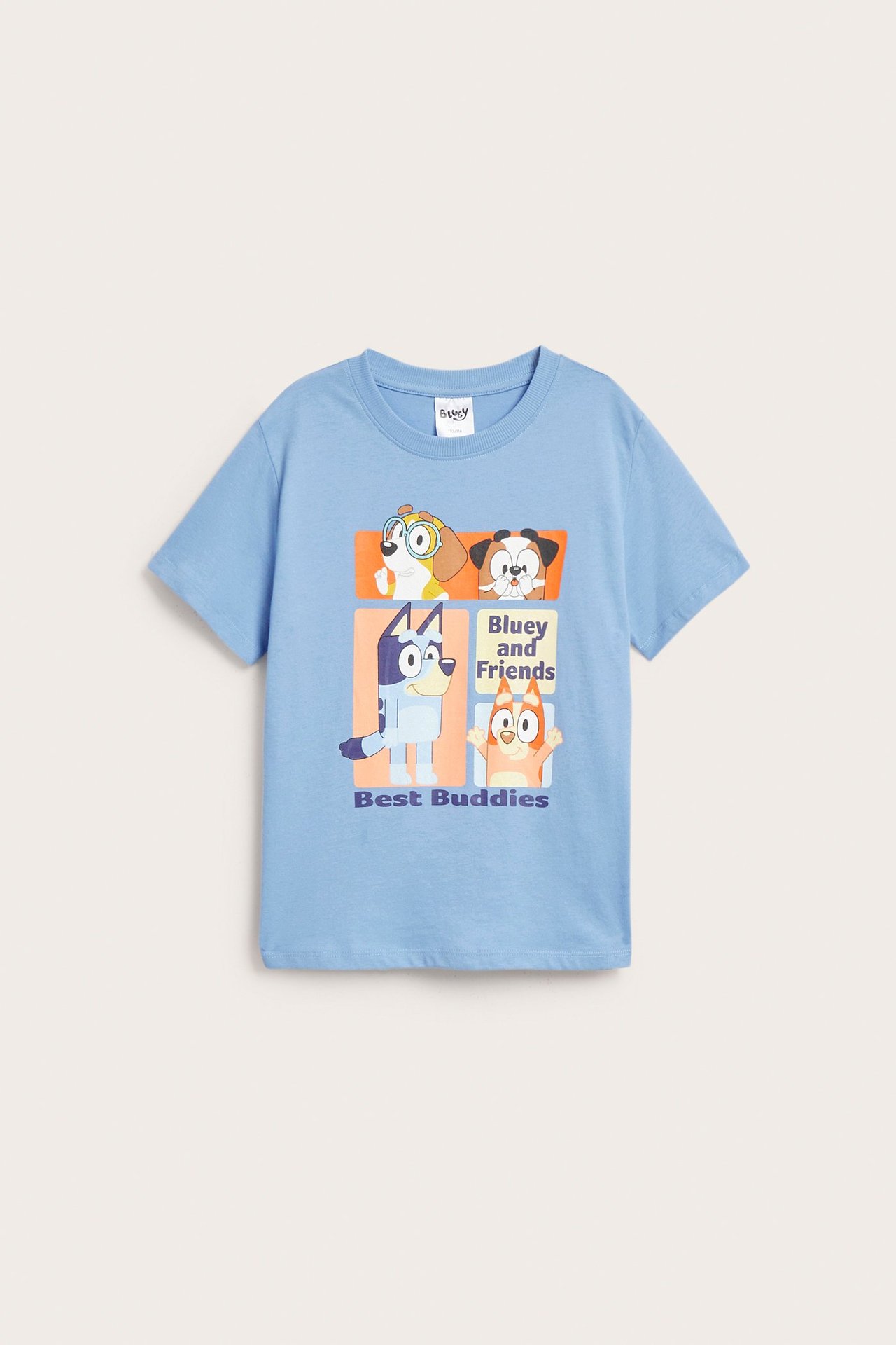 Przód dziecięcej jasnoniebieskiej bawełnianej koszulki z kolorowym nadrukiem Bluey i Przyjaciele.