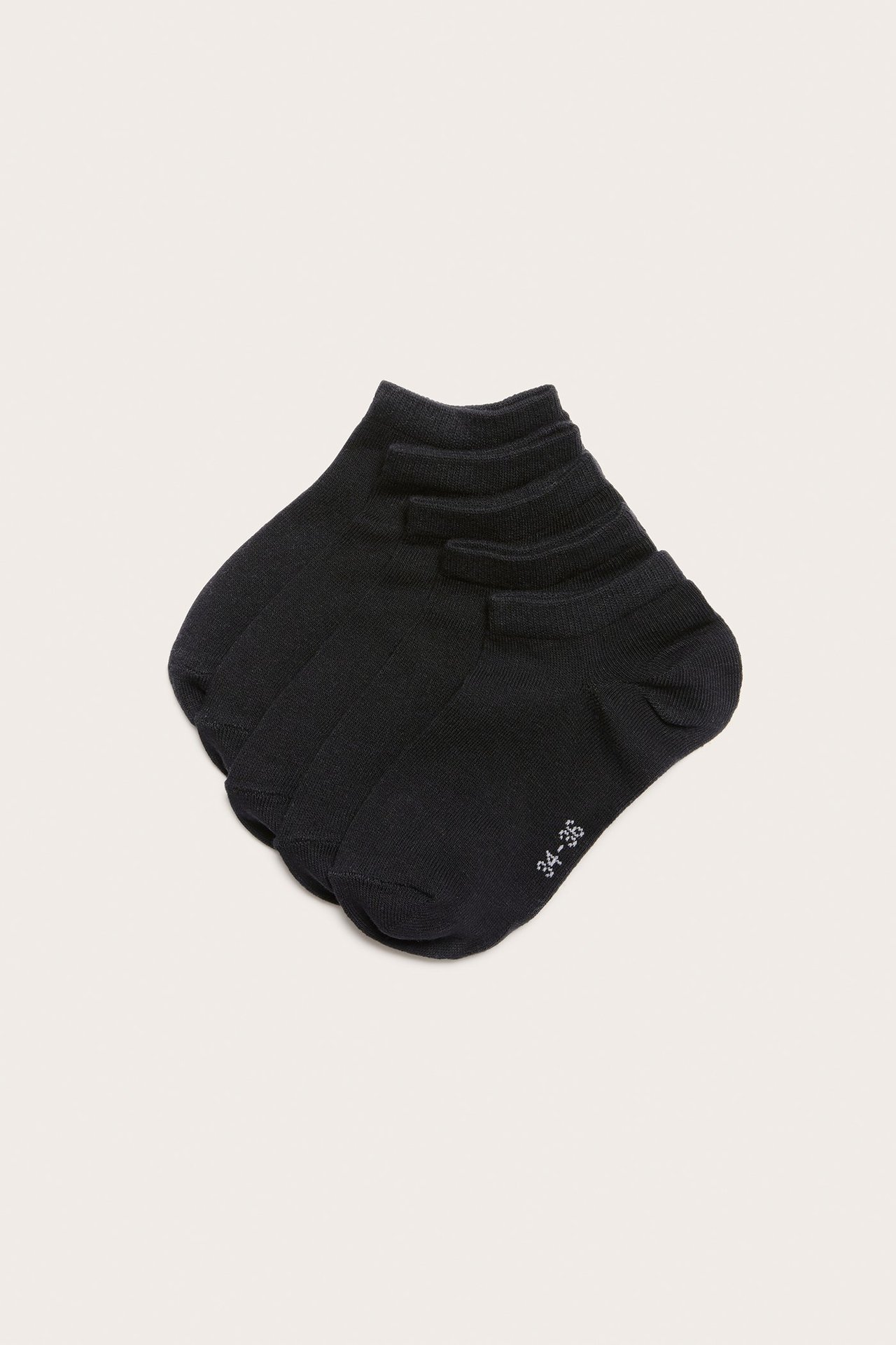 Ylhäältä näkymä viiden kappaleen mustista, yksivärisistä puuvillasekoite nilkkasukista, koko 34-36 näkyy.