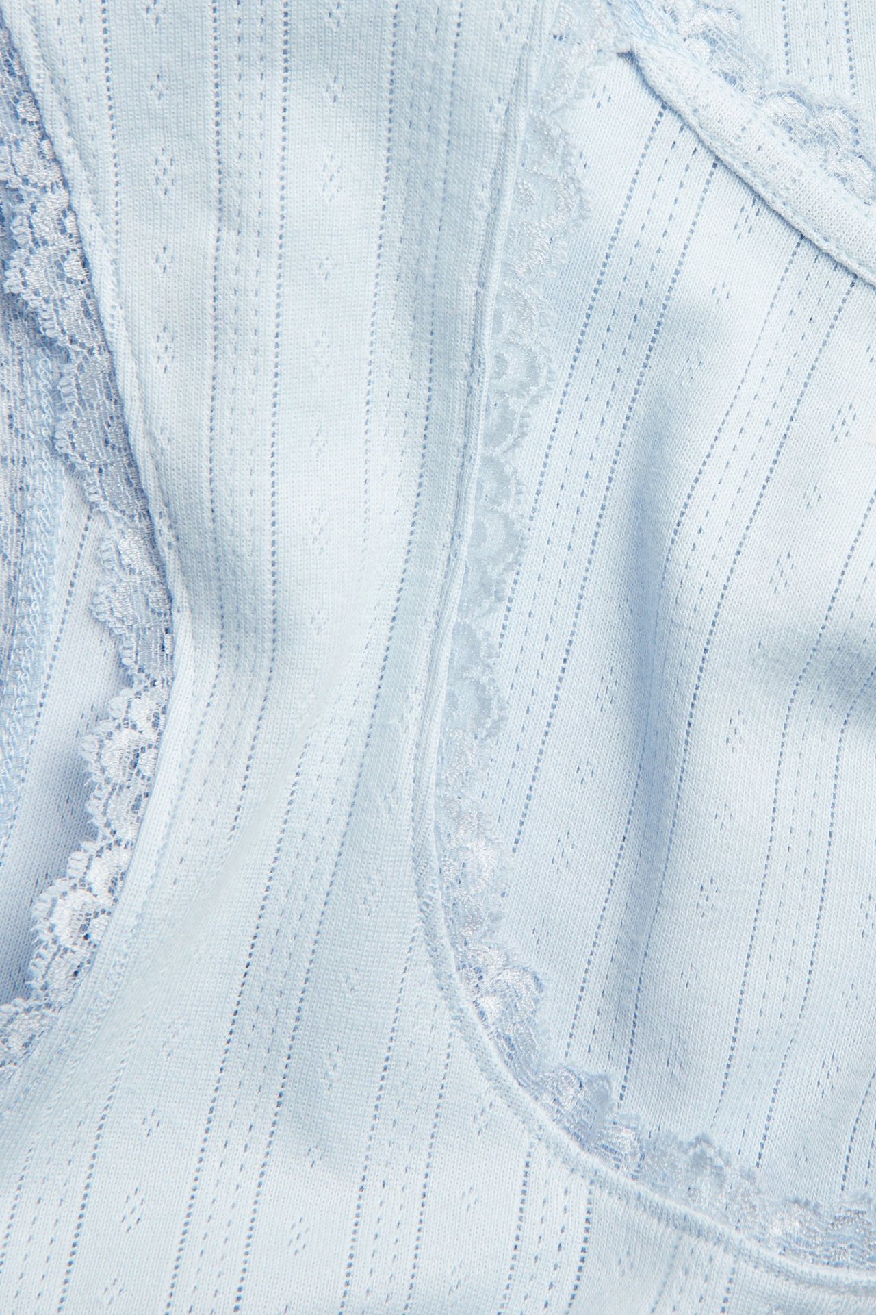 Närbild av ett blått pyjamaslinne i pointelle-trikå med delikat spetskant längs kanterna.