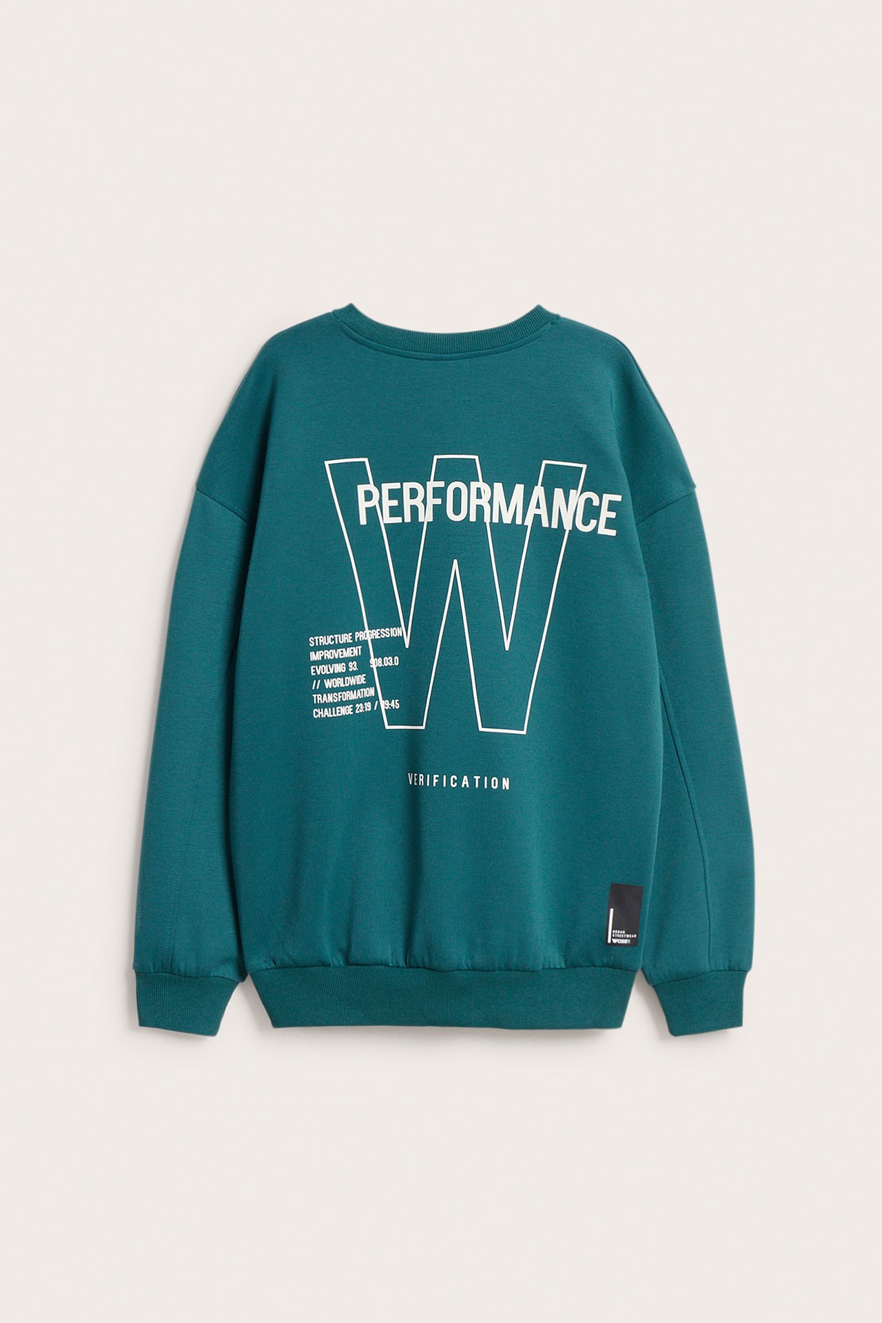 Widok z tyłu zielonej bluzy z materiału scuba z dużym białym nadrukiem graficznym na plecach.