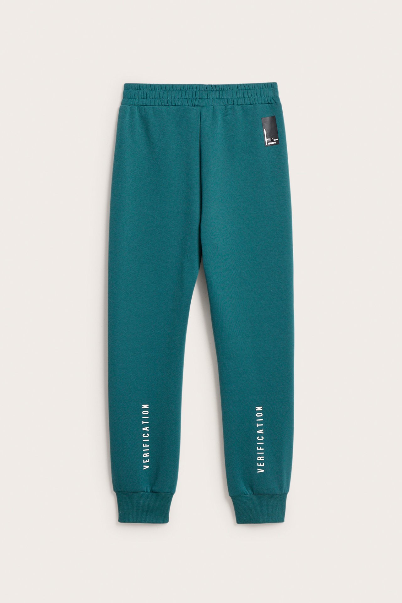 Widok z przodu: Zielone spodnie dresowe scuba z elastyczną talią i nadrukiem "VERIFICATION" na nogawkach.