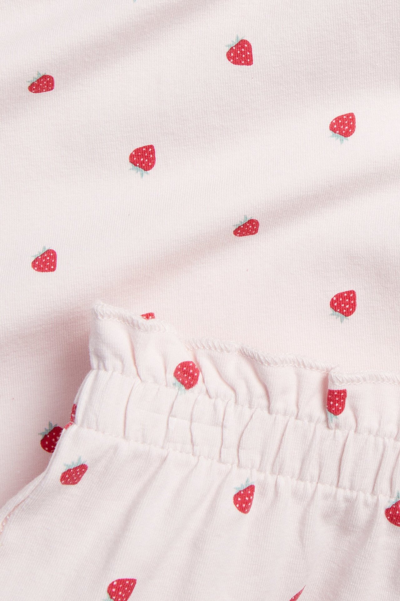 Lähikuva vaaleanpunaisista puuvillapyjamista, joissa on punainen mansikkakuvio ja röyhelöreunainen, poimutettu vyötärönauha.