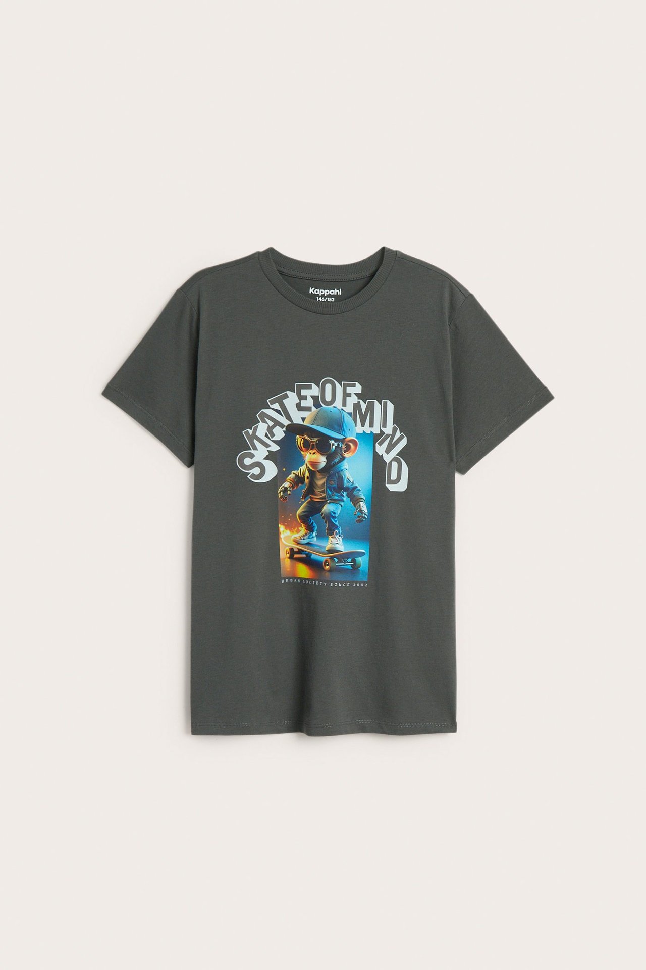 Framifrån: en mörkgrå T-shirt i bomull för barn med tryck av en apa på skateboard.