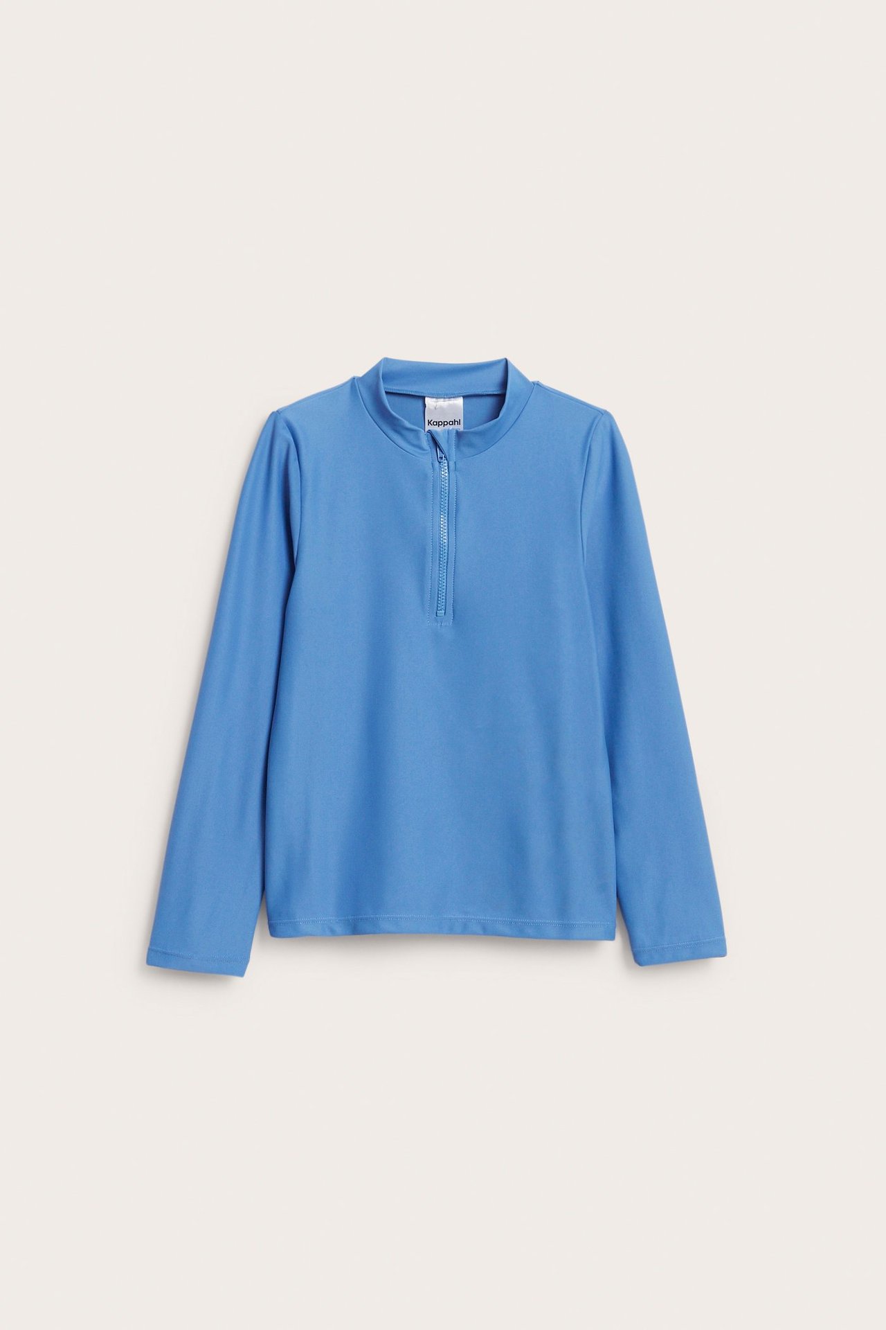 Widok z przodu na niebieski, jednolity, długi top UV z wysokim kołnierzem i zamkiem.