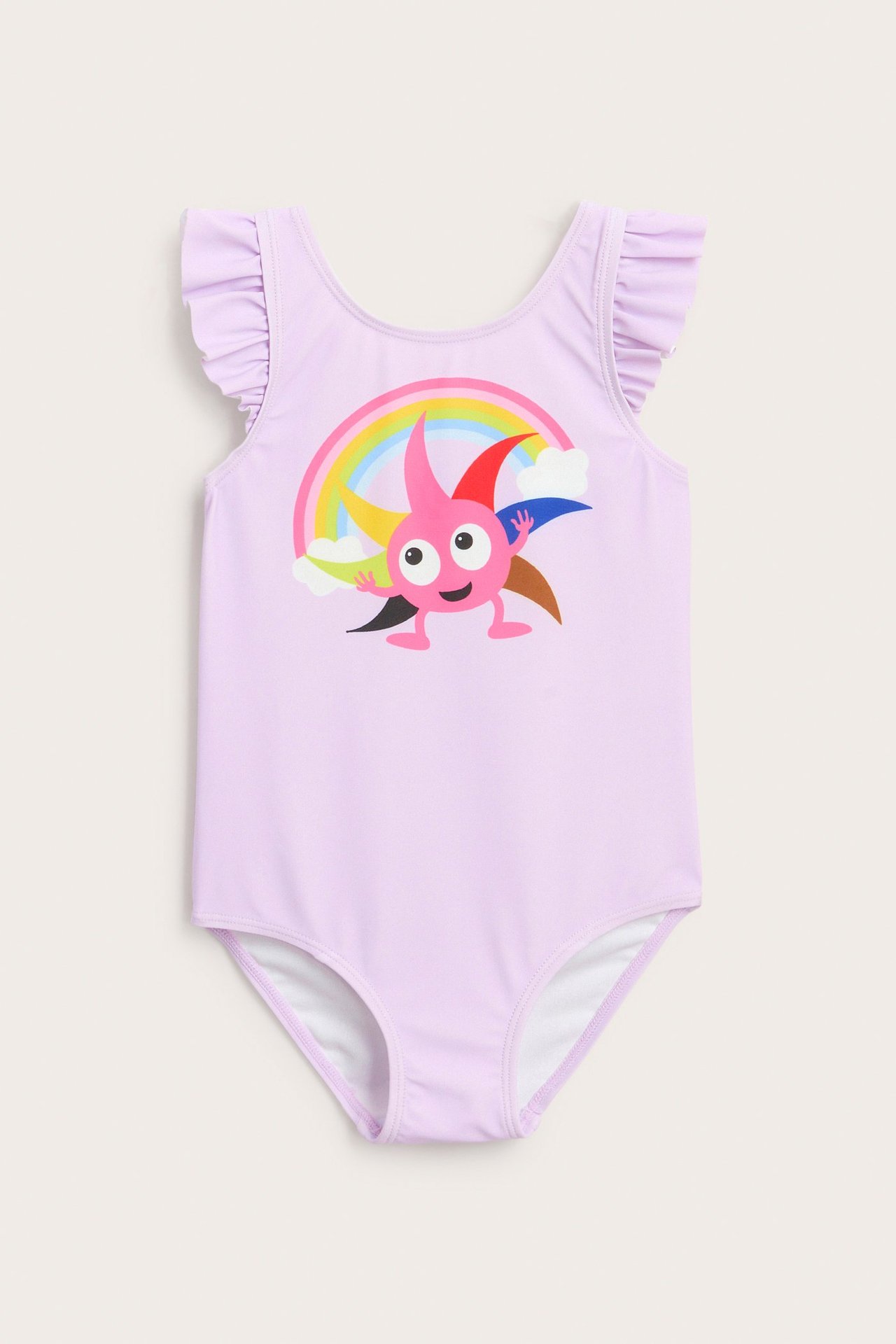 Przód liliowego stroju kąpielowego dla dziecka z nadrukiem Babblarna i falbankami na ramionach.