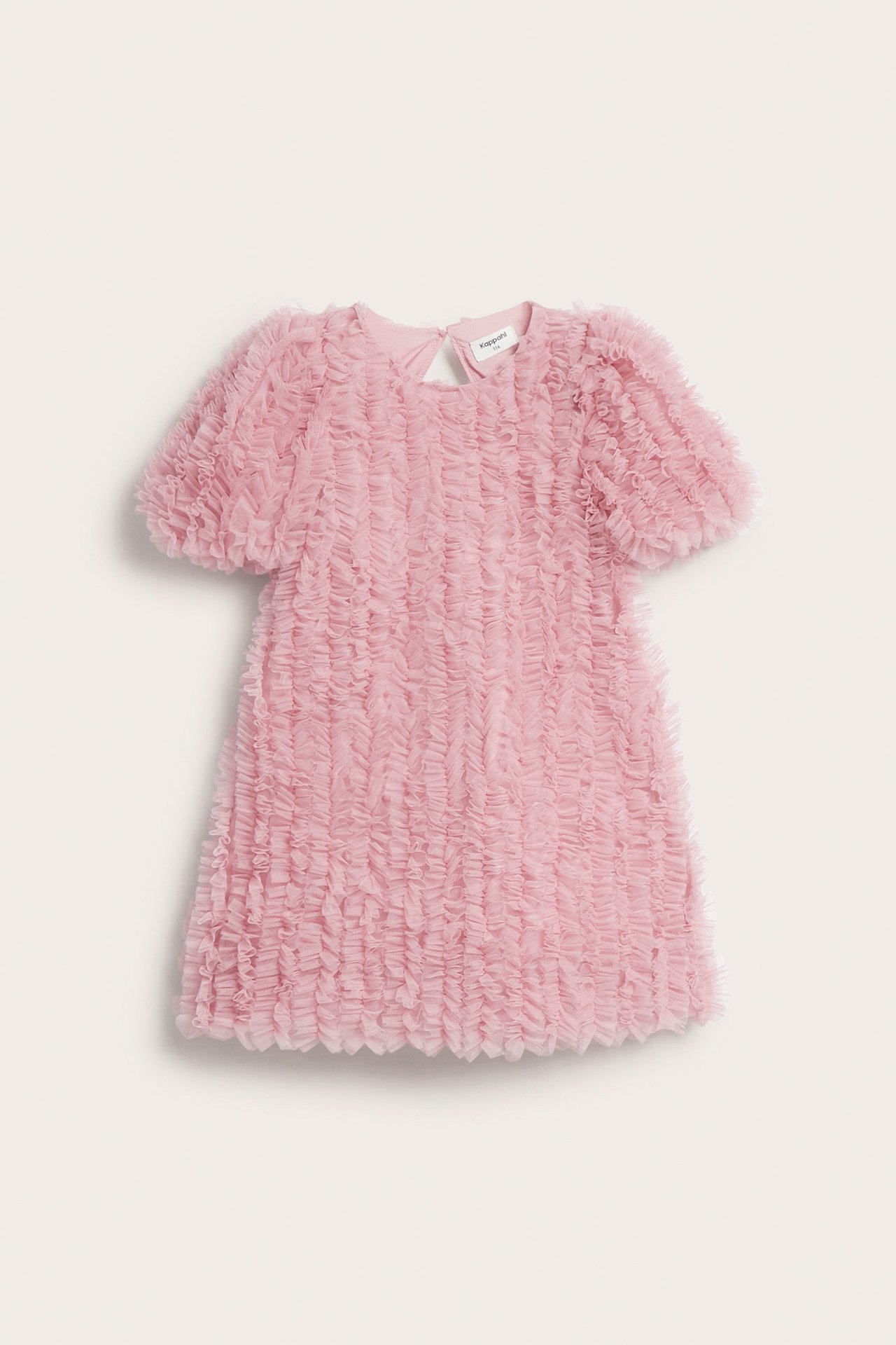 Przód: Jasnoróżowa sukienka z siateczki dla dzieci, fason A, marszczona, z wycięciem z tyłu.