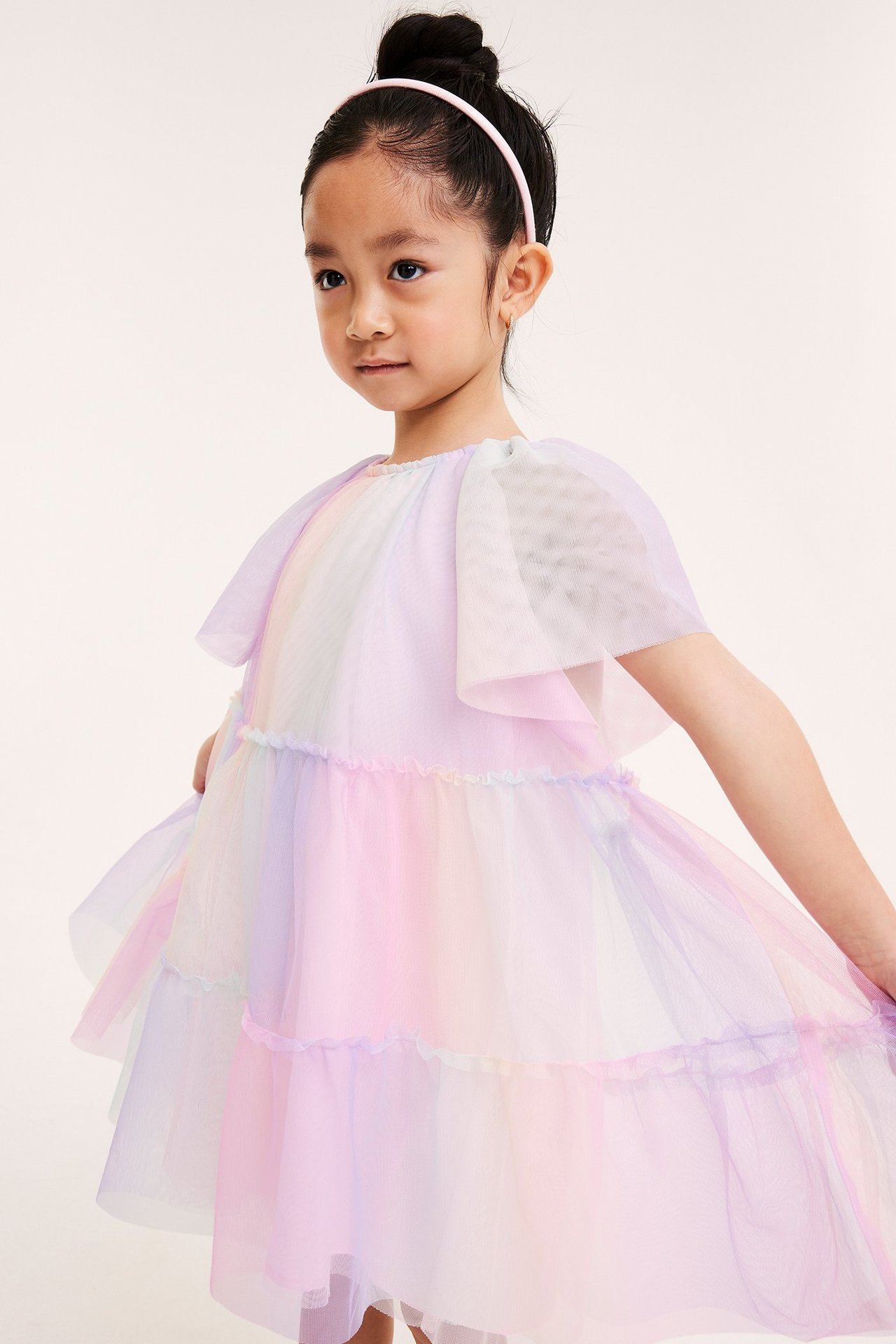 Etusivukuva lapsesta sateenkaarivärisessä kerrostyllimekossa levenevillä hihoilla ja pinkillä pannalla.