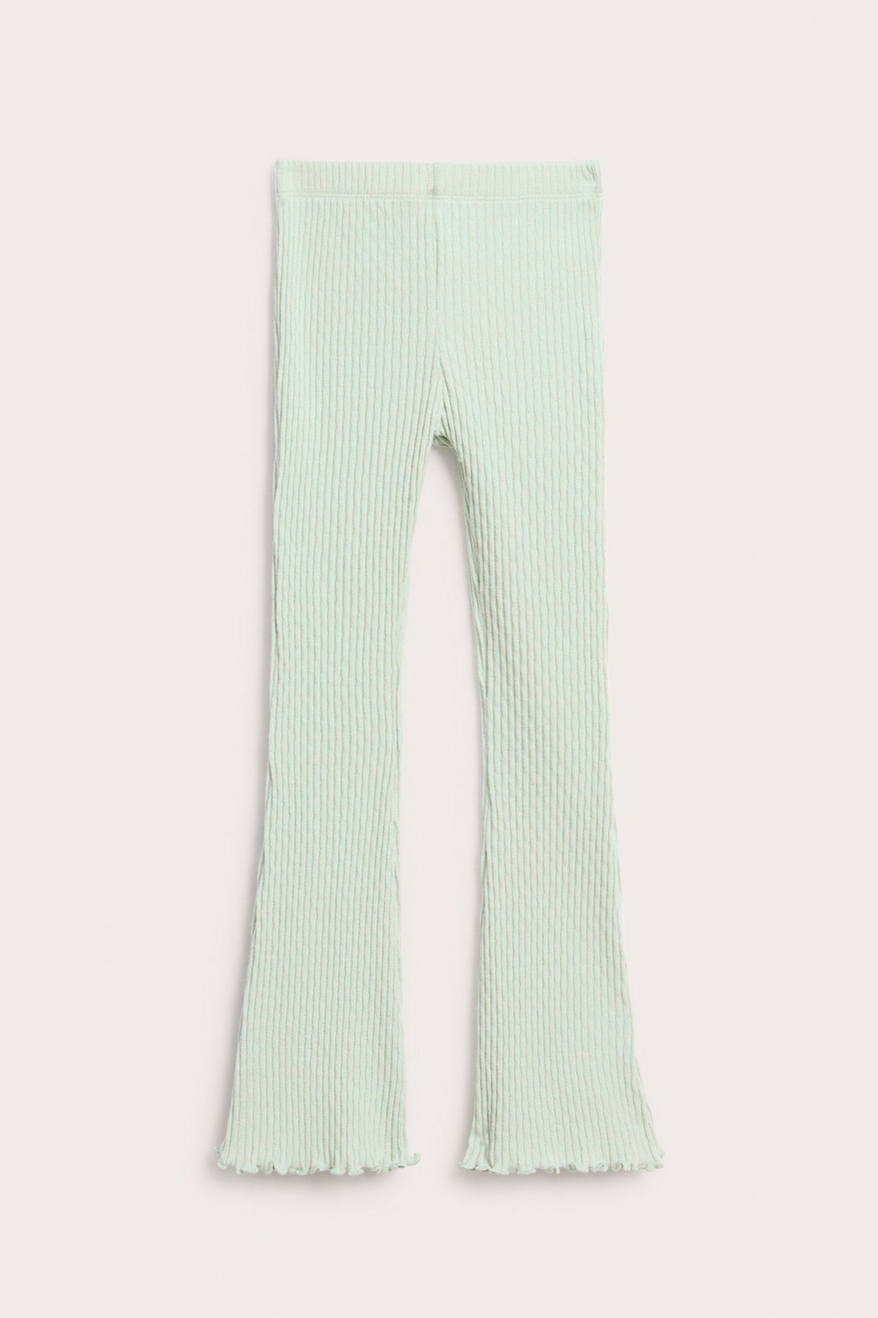 Frontvy av barnens ljusgröna ribbade utsvängda leggings med resårmidja och babylock.