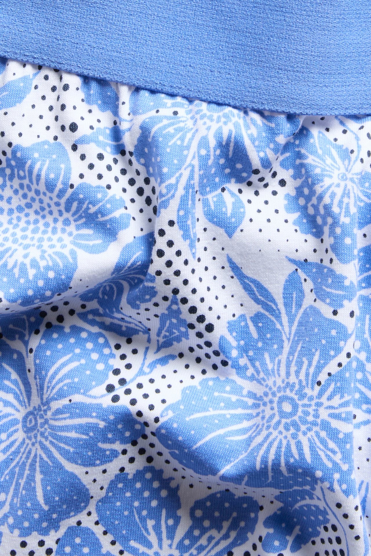 Nærbilde av herrenes blå blomstrete jerseyboksere med blå strikk og svarte prikker.
