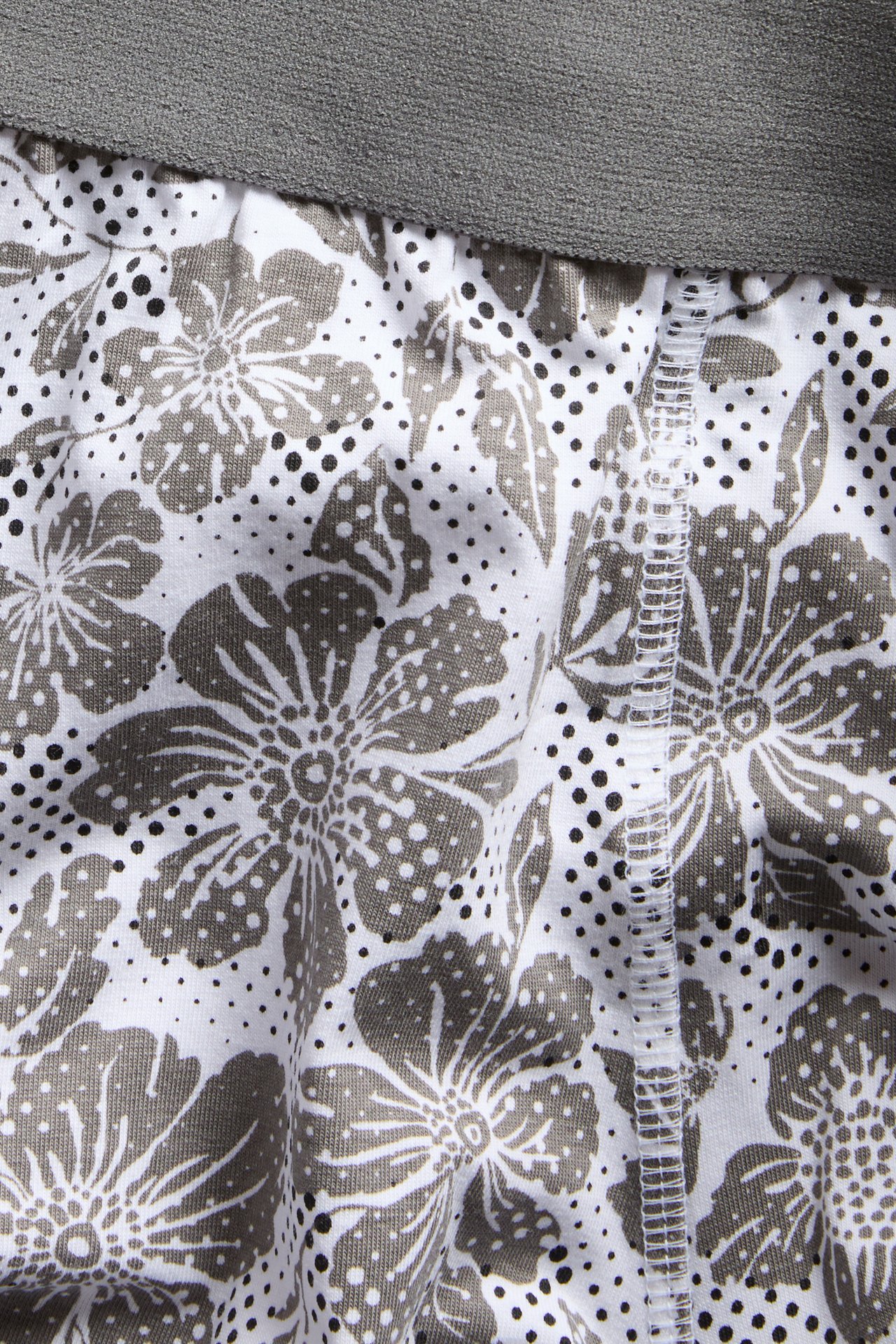 Nærbilde av hvite herrebokser i jersey med grått blomstermønster og grått elastisk midjebånd.