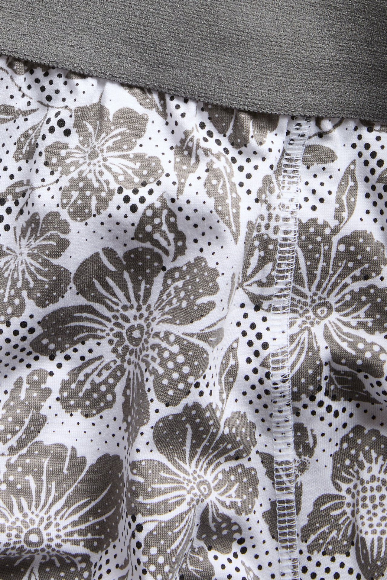 Zbliżenie na męskie białe bokserki z dżerseju w szary kwiatowy wzór i szary elastyczny pas.