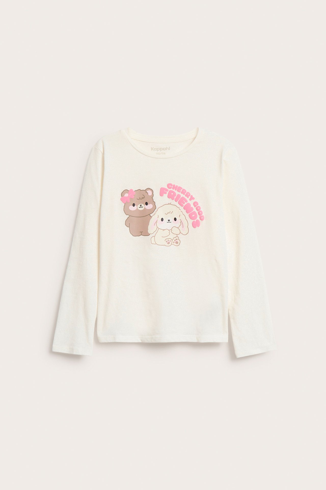 Etunäkymä: Lasten offwhite pitkähihainen puuvillatoppi nalle- ja pupupainatuksella.