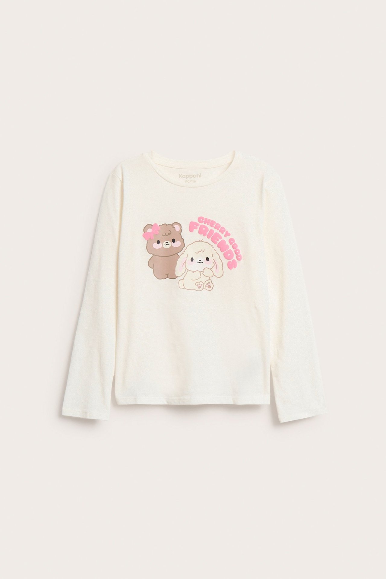 Etunäkymä: Lasten offwhite pitkähihainen puuvillatoppi nalle- ja pupupainatuksella.