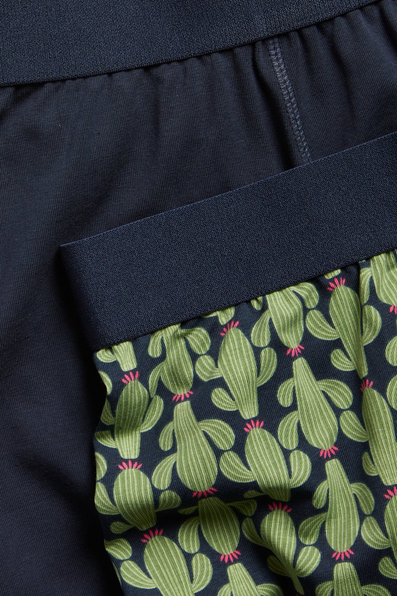 Närbild på herrboxerkalsonger i tvåpack: en enfärgad mörkblå och en mörkblå med grönt kaktusmönster.