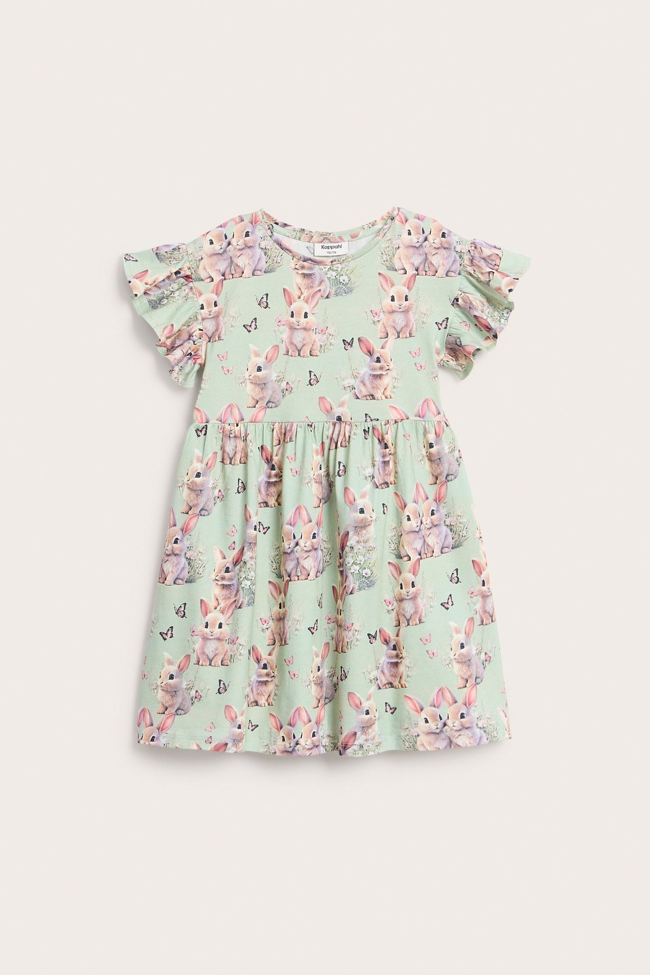 Widok z przodu: zielona bawełniana sukienka dziecięca z wzorem w króliki i falbankami.