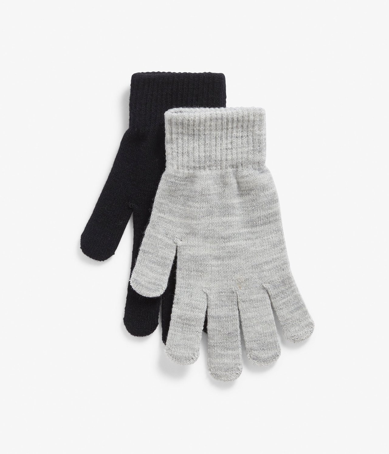 Frontvy av en svart stickad fingervante och en ljusgråmelerad stickad fingervante.
