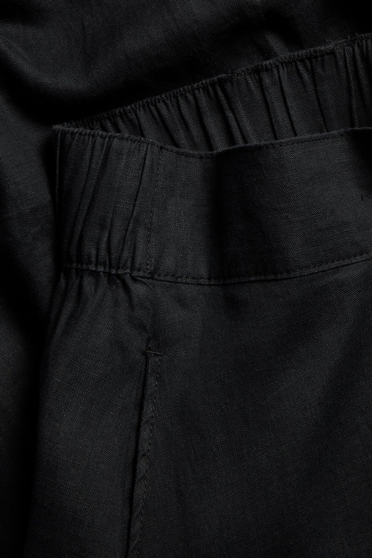 Närbild av svart lång linnekjol, visar resår i midjan och detalj av sidoficka.