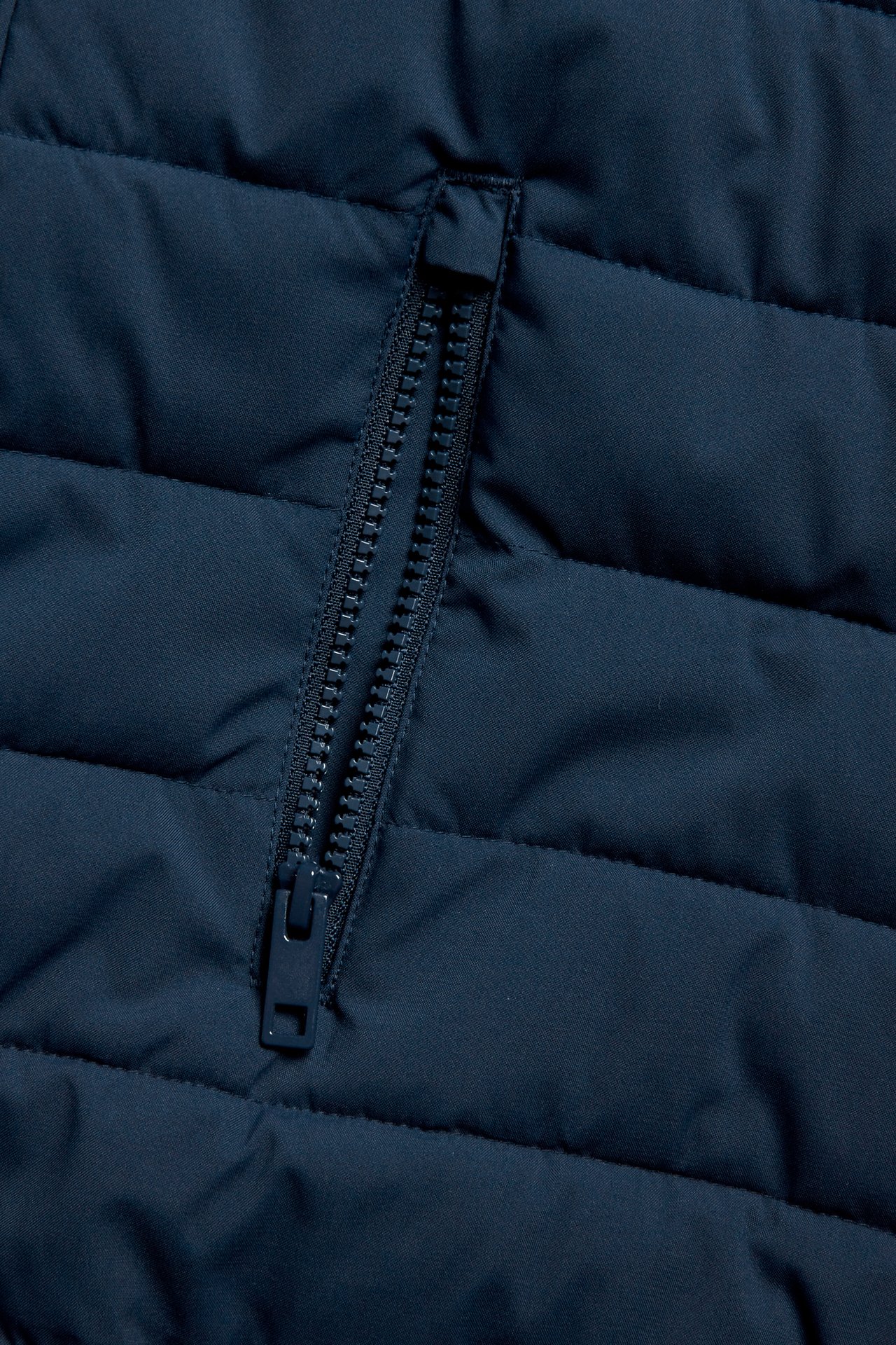 Lähikuva tummansinisestä tikatusta kevyttakista, jossa on vetoketjutasku.