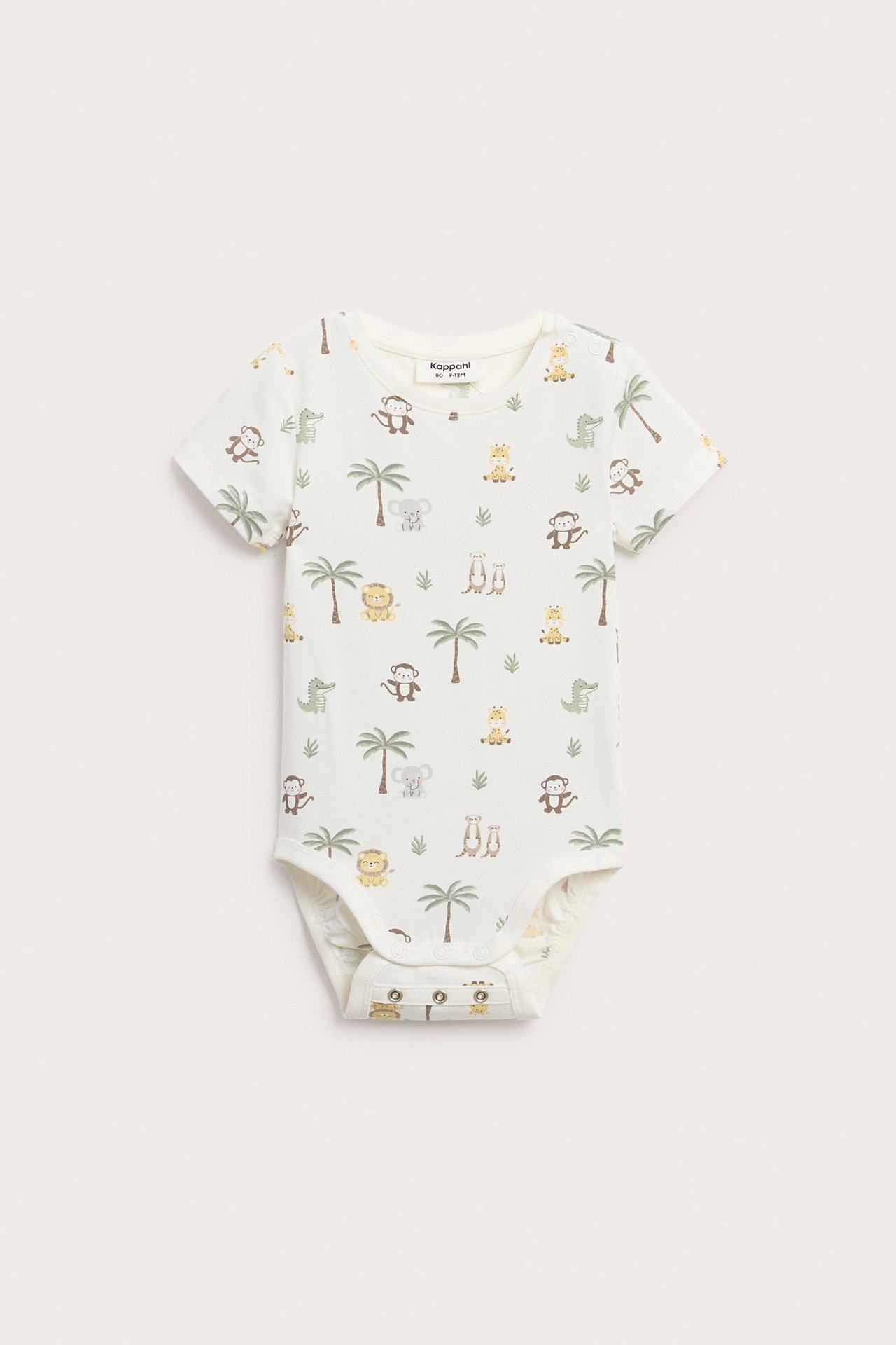 Edestä luonnonvalkoinen lyhythihainen vauvan body, jossa eläin- ja palmukuviota ja painonapit.