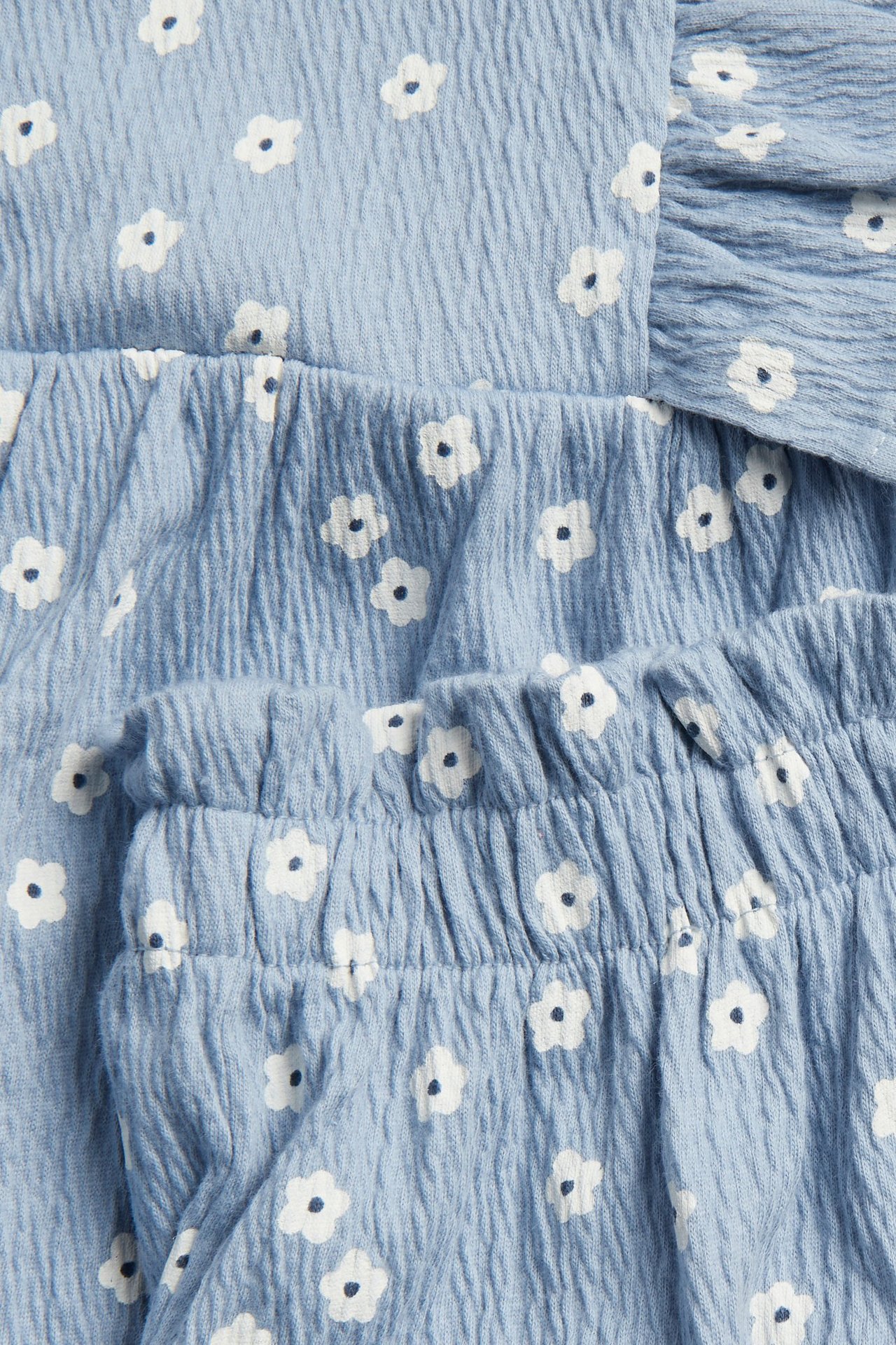 Nærbilde av et baby-sett i lyseblå bomullskrepp med hvitt blomstertrykk, med volanger og rynkede detaljer.