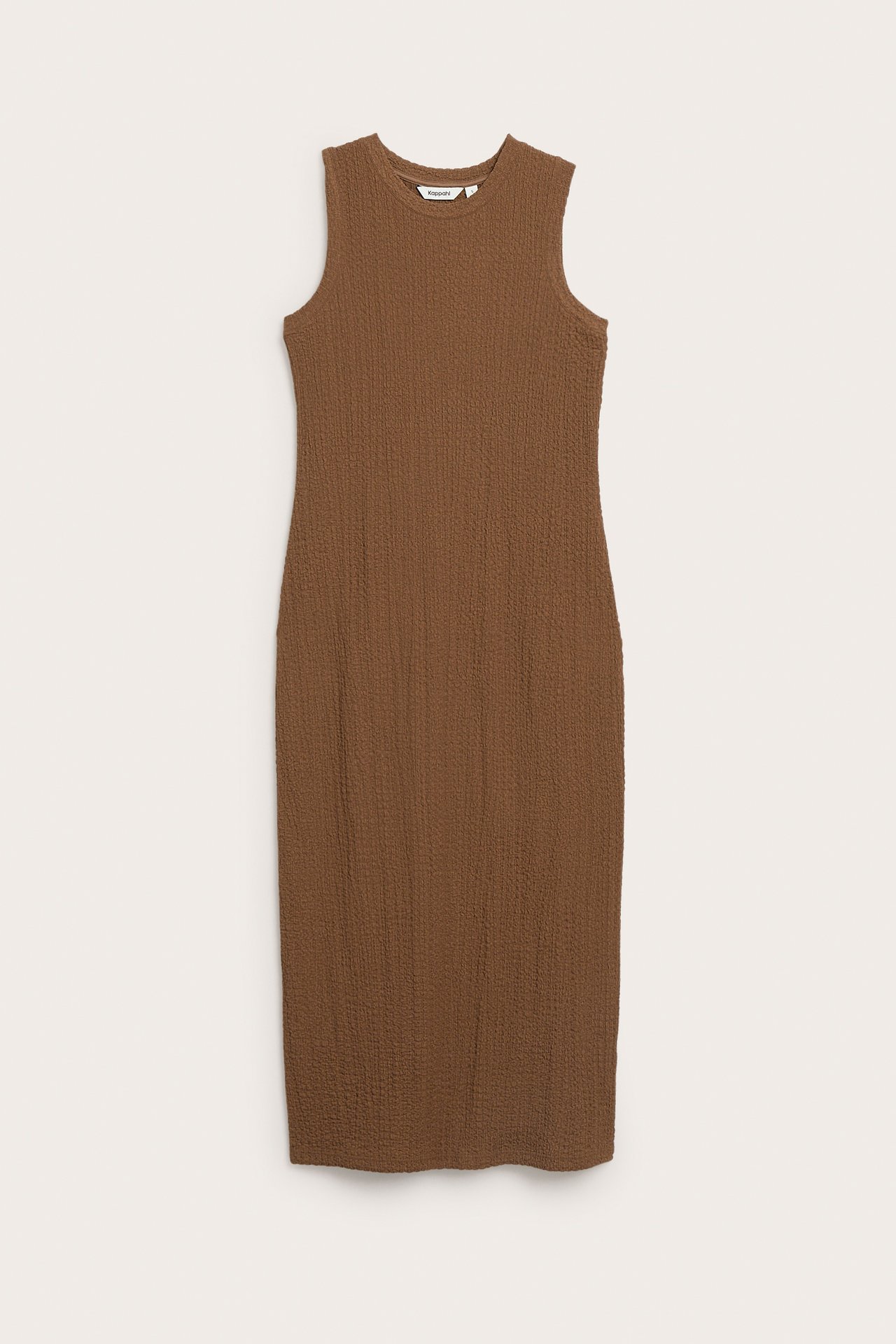 Edestä, ruskea hihaton midimekko strukturoidusta kankaasta, tasaisena.