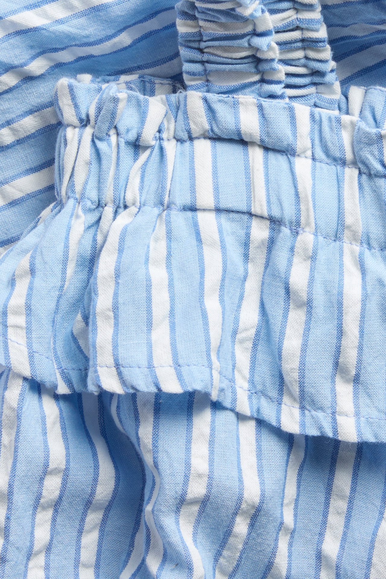 Lähikuva sinivalkoraidallisesta puuvillaseersucker-topista, jossa on röyhelöitä ja rypytyksiä.