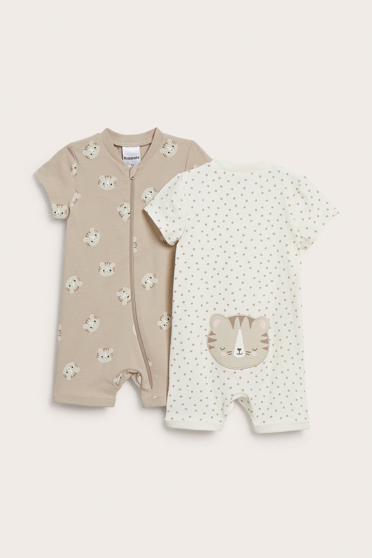 Vauvan 2-pack lyhythihaiset romperit: beige tiikeriprintti ja luonnonvalkoinen pilkullinen tiikerisovellus.