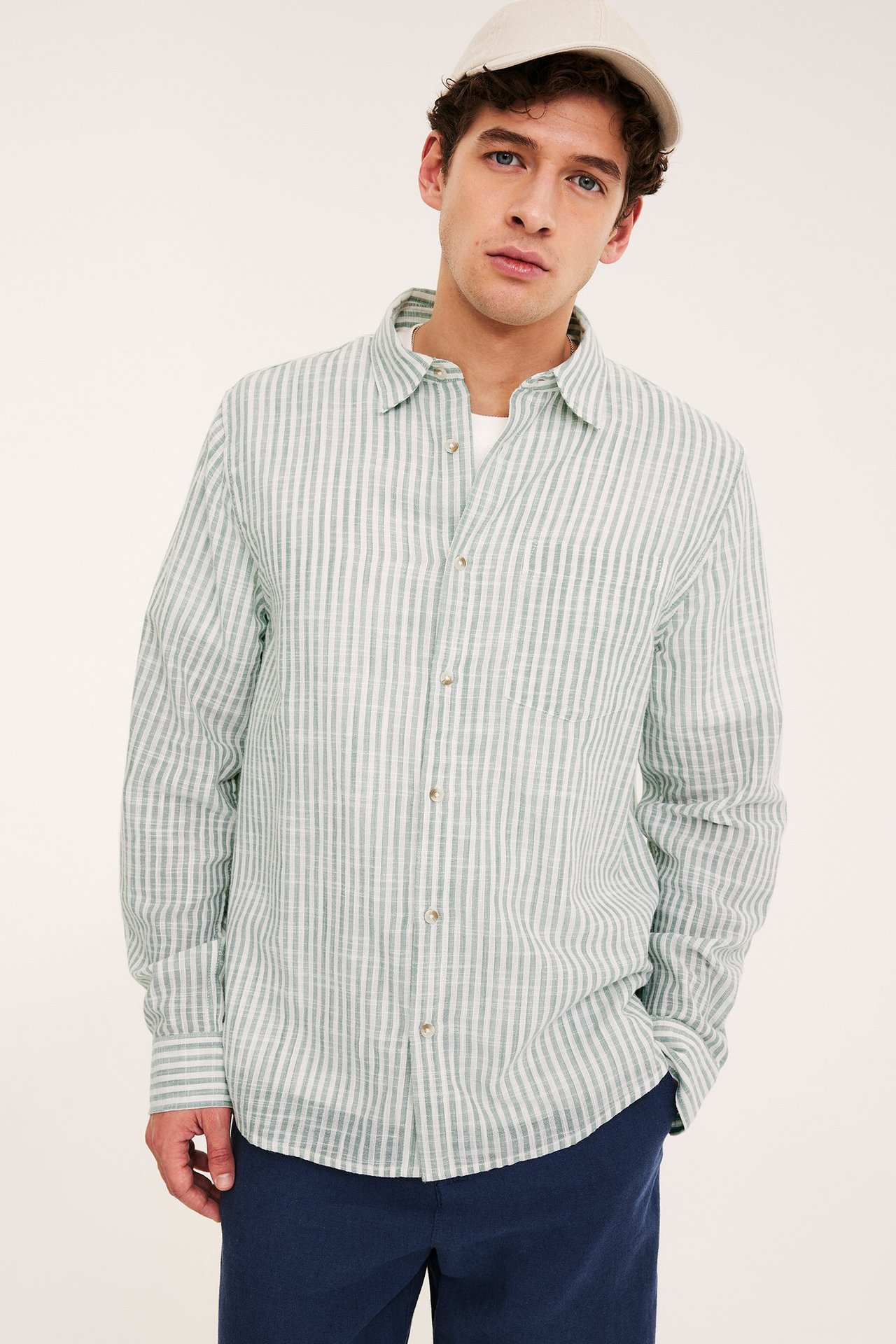Frontbilde av en mann i en lys grønnstripet bomullsskjorte, mørkeblå bukser og en beige caps.