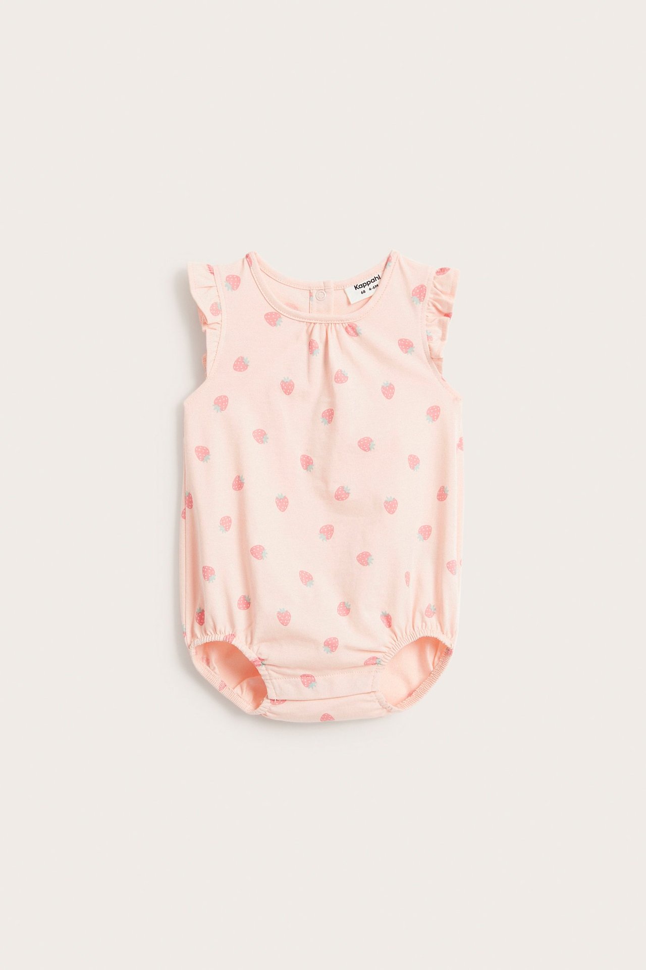 Vaaleanpunainen puuvillainen vauvan body röyhelöhihoilla ja mansikkakuviolla, neppareilla.
