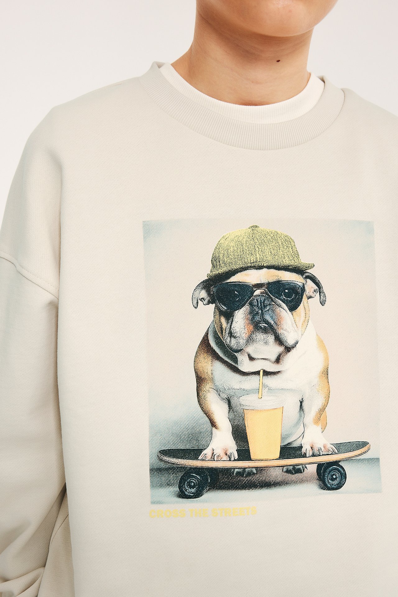 Zbliżenie z przodu: Jasnobeżowa bawełniana bluza z nadrukiem buldoga w czapce, okularach, na deskorolce.