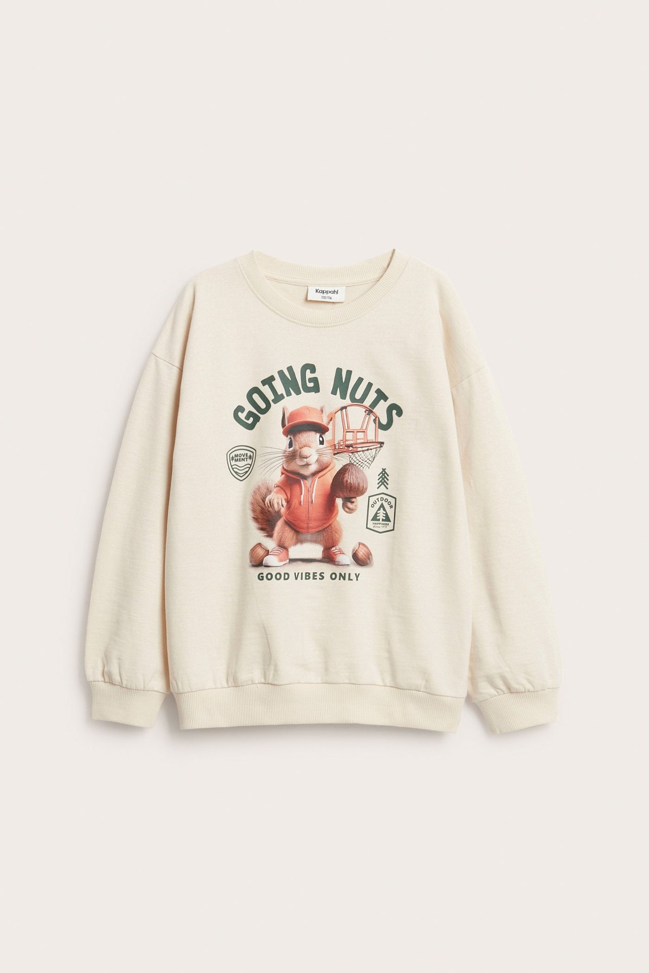 Edestä kuvattu, vaalea beige oversized lasten puuvillapaita, jossa oravakoripallopainatus.