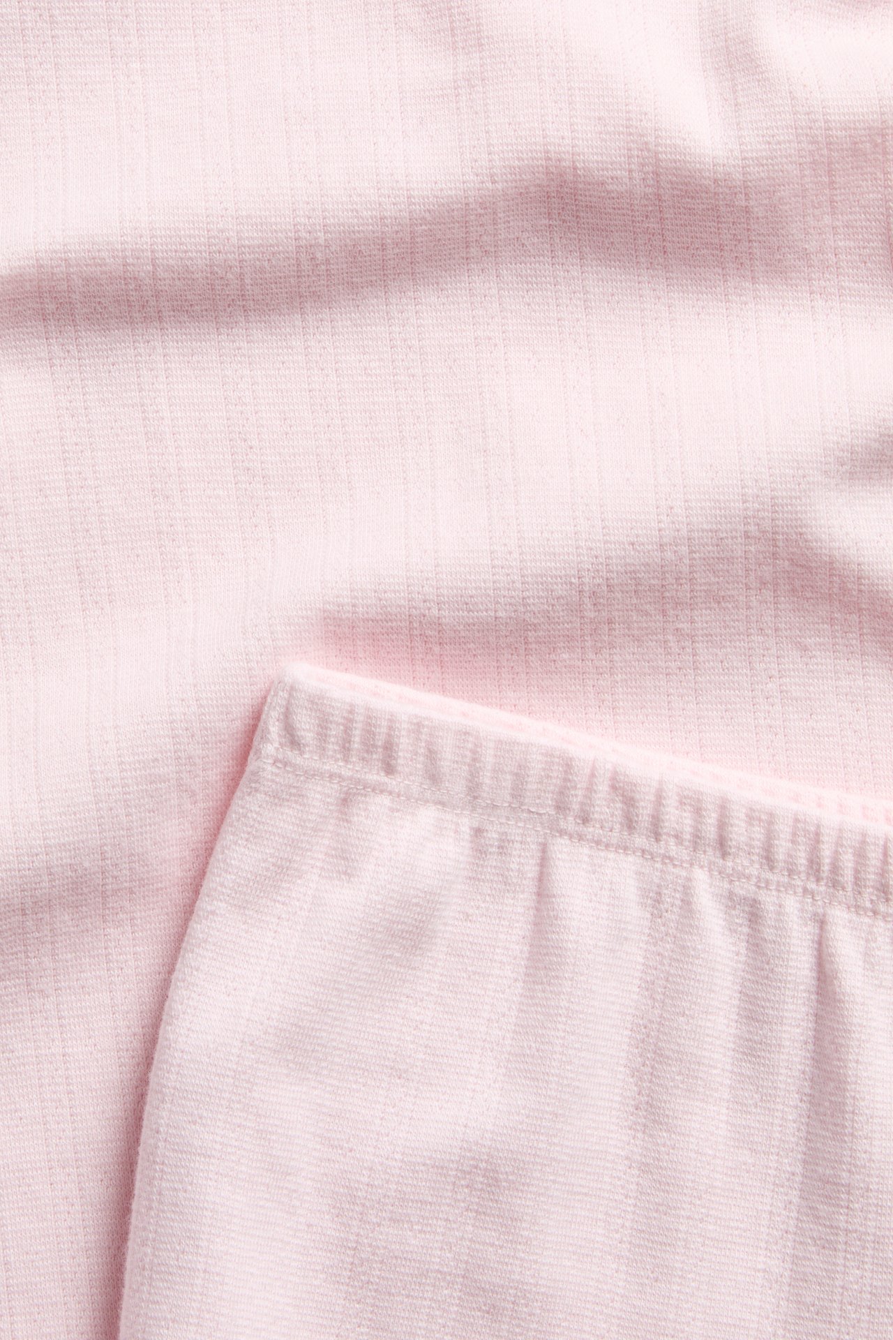 Närbild av ljusrosa pointelle-pyjamas i bomull, med kortärmad topp och shorts med resår i midjan.