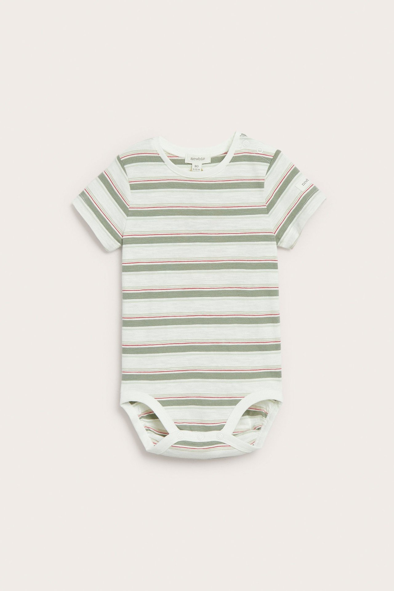 Framsida av offwhite randig babybody med korta ärmar och tryckknappar.