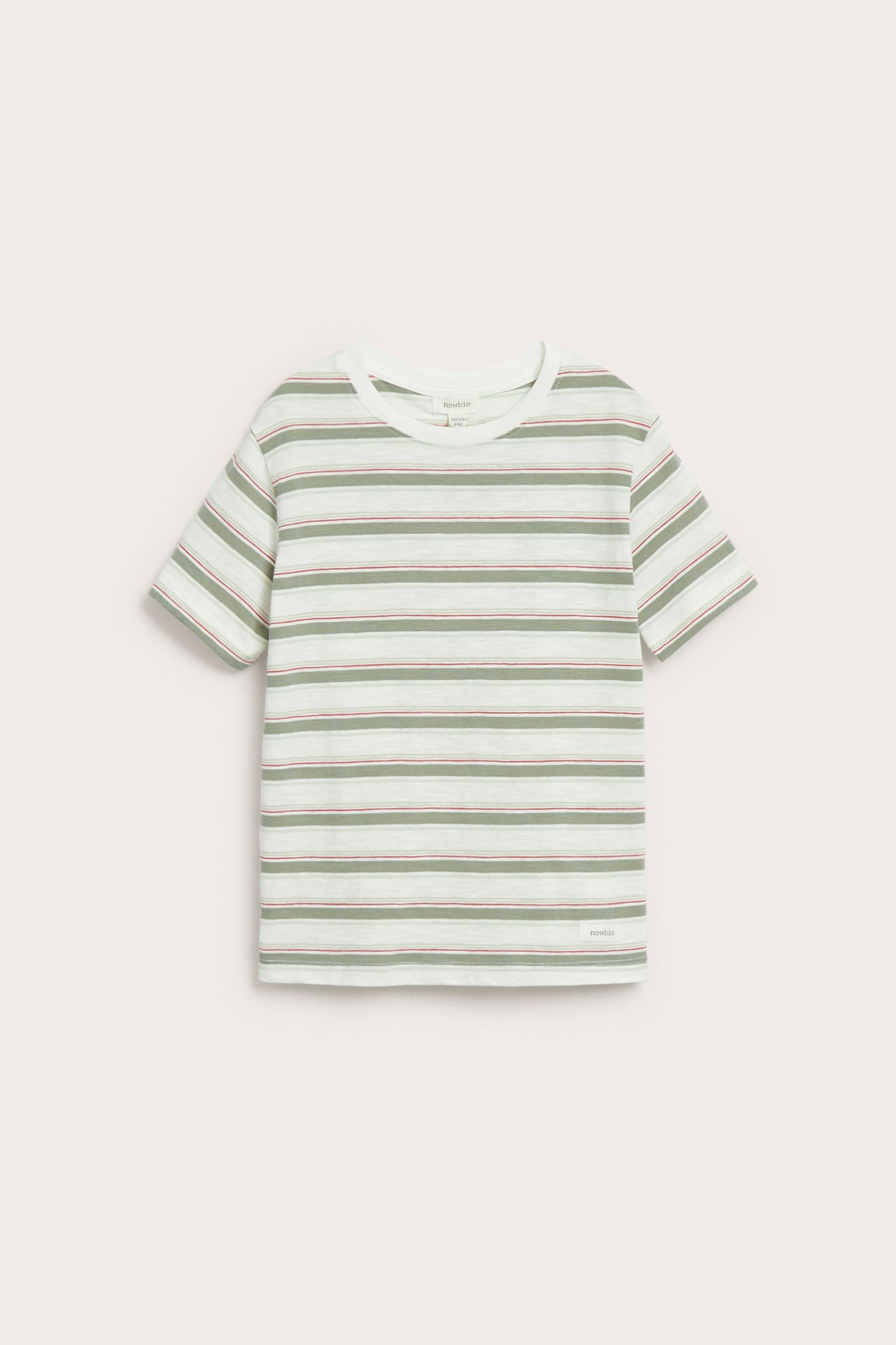 Widok z przodu: Dziecięca, ecru, w paski, bawełniana koszulka slub z podwiniętymi rękawami.