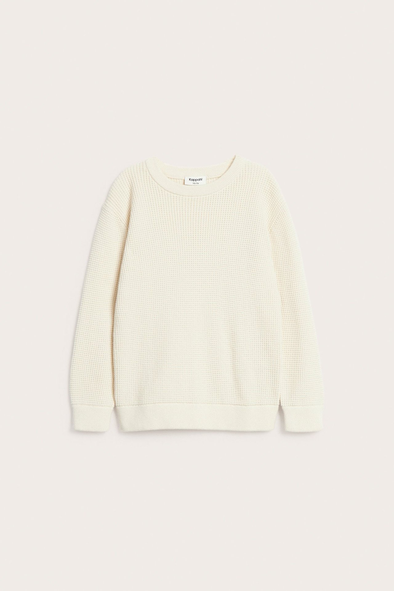 Frontvisning: Lys beige finstrikket bomullsgenser med lange ermer og ribbekanter.