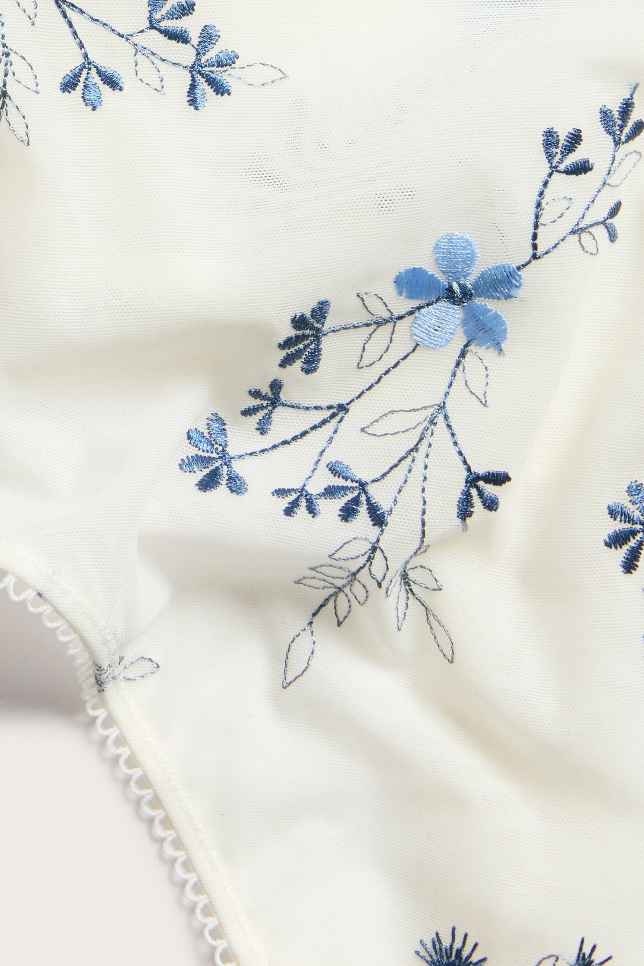 Närbild av en benvit stringtrosa i mesh med blå blomsterbrodyr och picotkant.