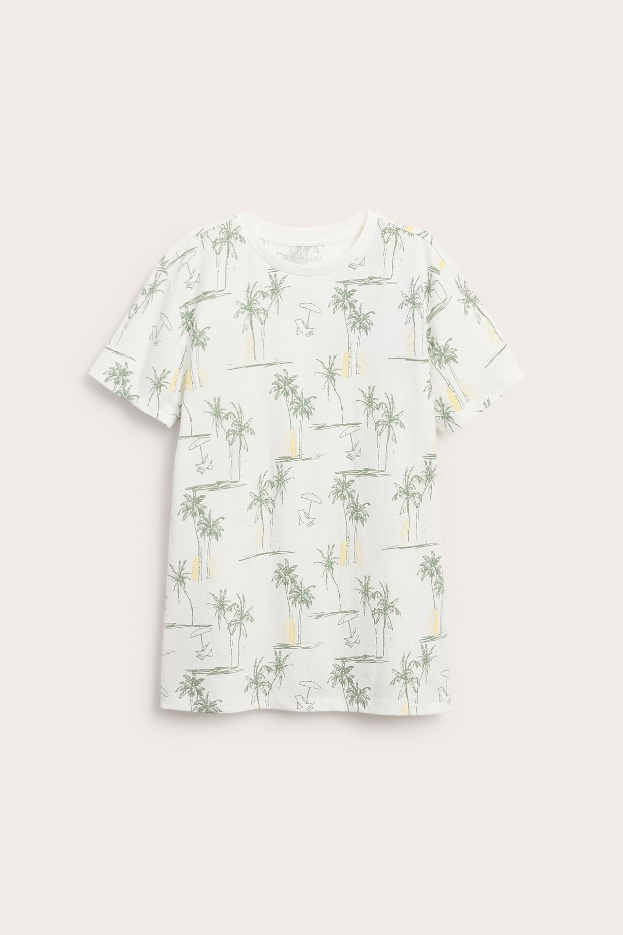 Framsida av en offwhite kortärmad t-shirt för barn i bomull med grönt palmträdsmönster.