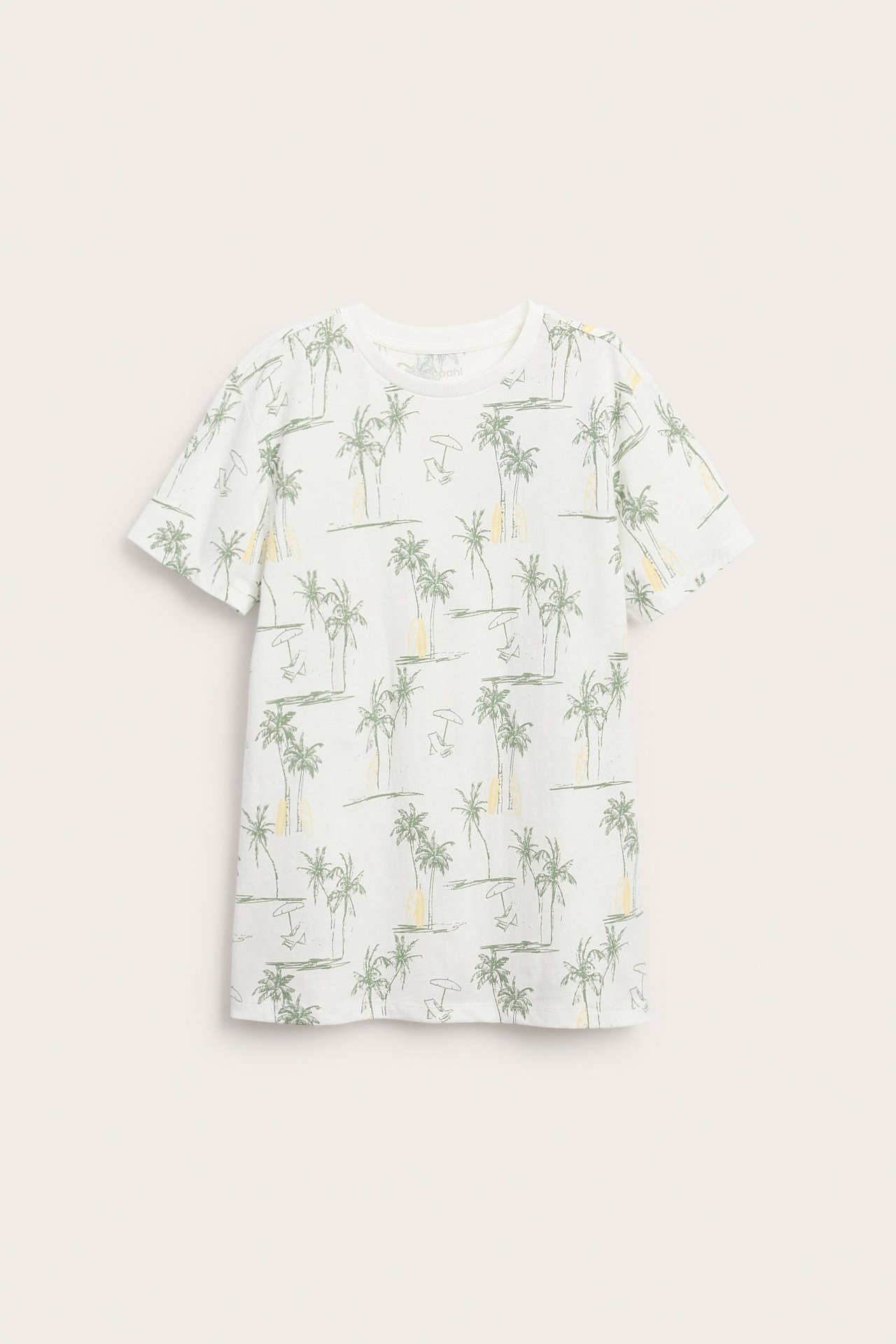 Framsida av en offwhite kortärmad t-shirt för barn i bomull med grönt palmträdsmönster.
